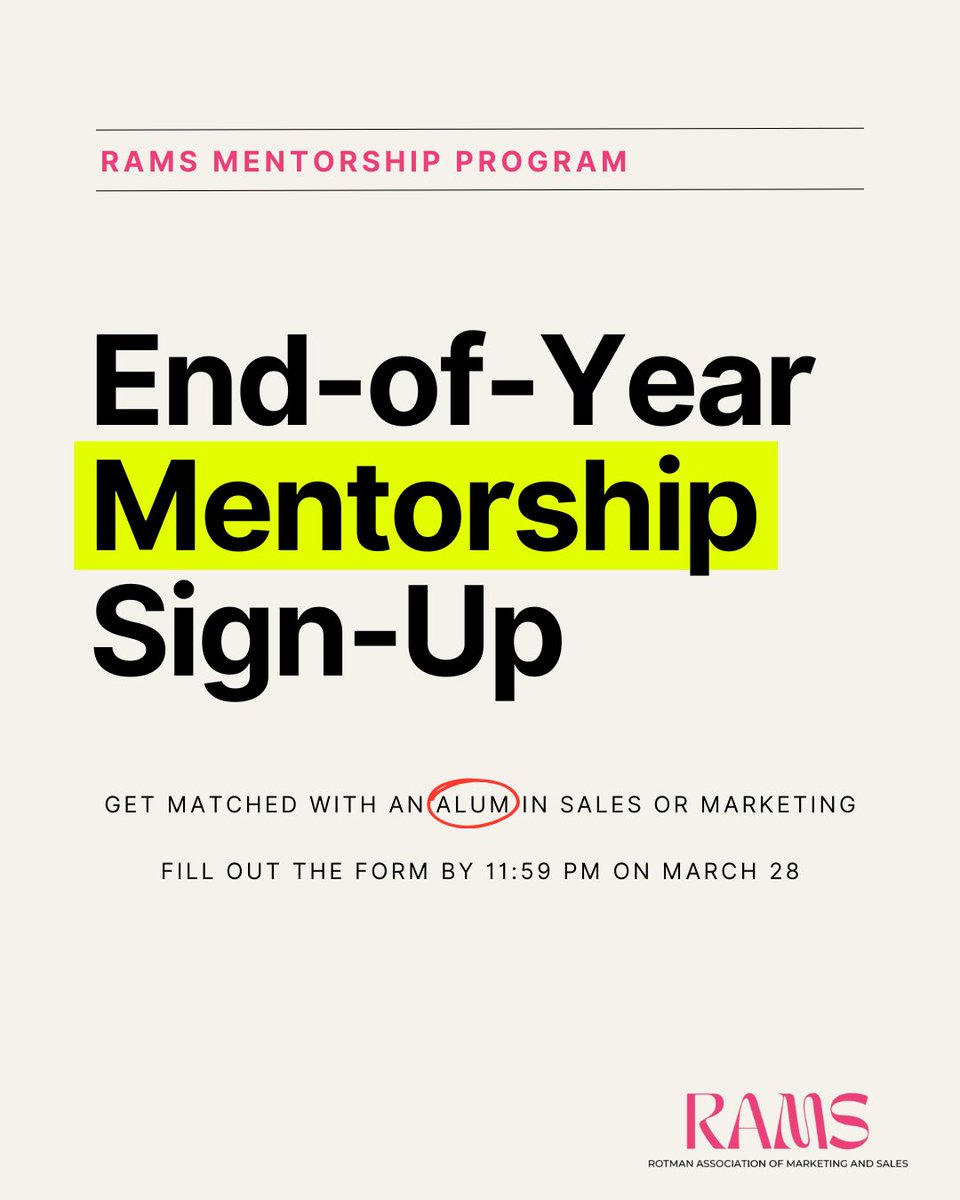 Rotman_RAMS's tweet image. 🔔 End-of-Year Mentorship Sign-Up – Limited Spots!

The school year is wrapping up, and it’s the perfect time to connect with an alum for career advice and networking! Don’t miss your chance to expand your network!

Sign up by March 28, 11:59 PM – check your email for the form!