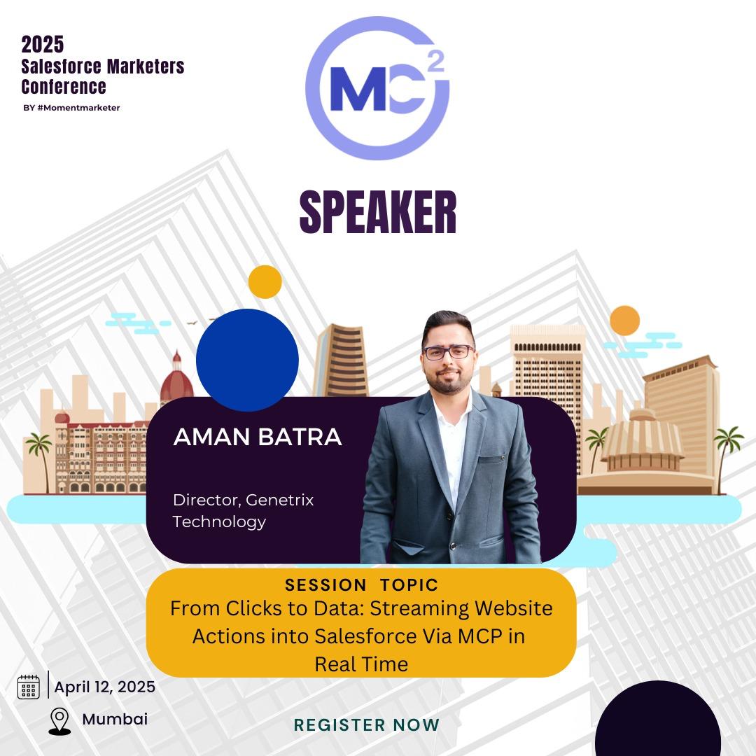 Excited to welcome Aman Batra to the MC ² stage! 

Aman is the Chief Architect with 7 years of experience in the Marketing Cloud space, runs a consulting firm, Genetrix Technology, specializing in SFMC &amp; has been actively creating SFMC content on YouTube for the past 6 years.