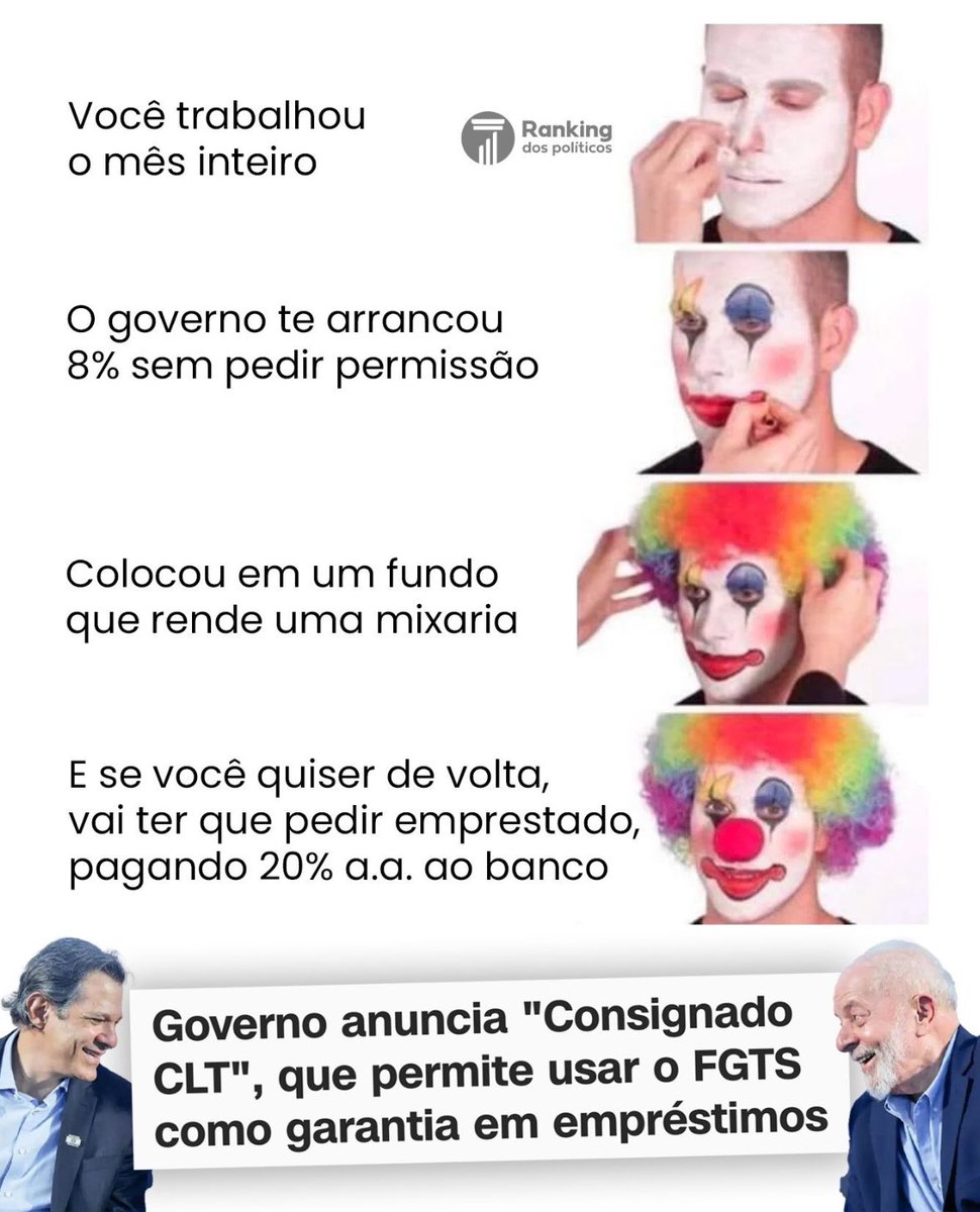 ASequeiraFilho's tweet photo. Este empréstimo consignado com garantia do FGTS que o governo Lule criou é uma das maiores pilantragens que eu já vi em 31 anos de mercado financeiro!

Pq o banco pode pegar seu dinheiro do FGTS e você não? https://t.co/E3PRulrUtt
