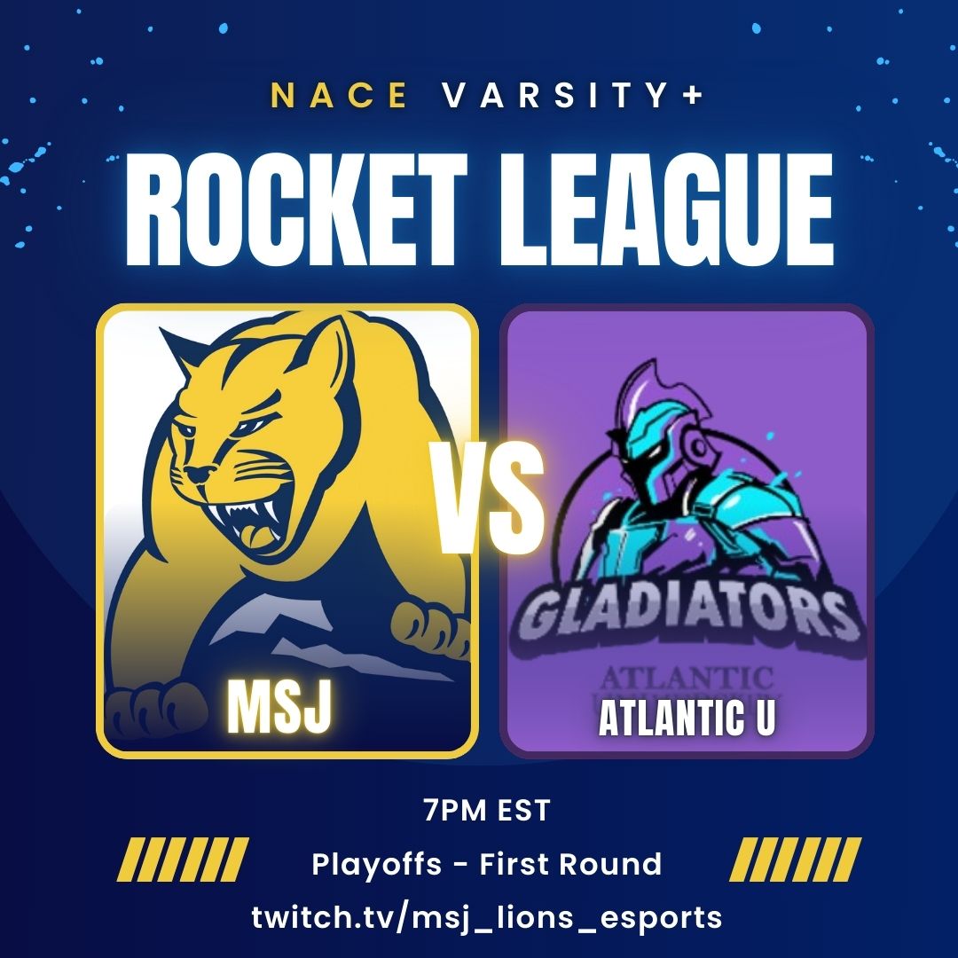 IT'S PLAYOFF TIME! 

Come catch the first of the matches as Rocket League takes on Atlantic University at 7pm in the first round of Divisional Playoffs!

twitch.tv/msj_lions_espo…
