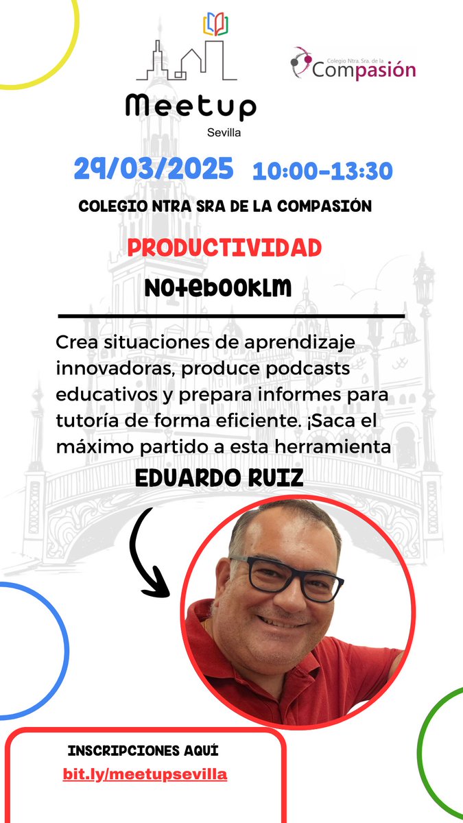 GEGSpain's tweet photo. ¡NotebookLM! Eduardo Ruiz: aprendizaje, podcasts, informes eficientes. 
¡Optimiza tu tiempo! 

🗓️29/03/25
⏰10:00-13:30
📍Colegio Ntra. Sra. de la Compasión, Sevilla. 

@NSraCompasion @GEGSpain @grupoandaluzia #MeetUpSevilla #Docentes #Educación #NotebookLM @GoogleForEdu https://t.co/WEwLAJmhMt