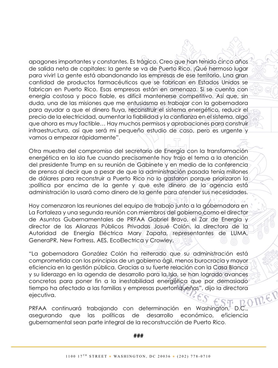 PRFAA destaca como logro de Jenniffer González el compromiso del secretario de Energía federal con la reconstrucción energética