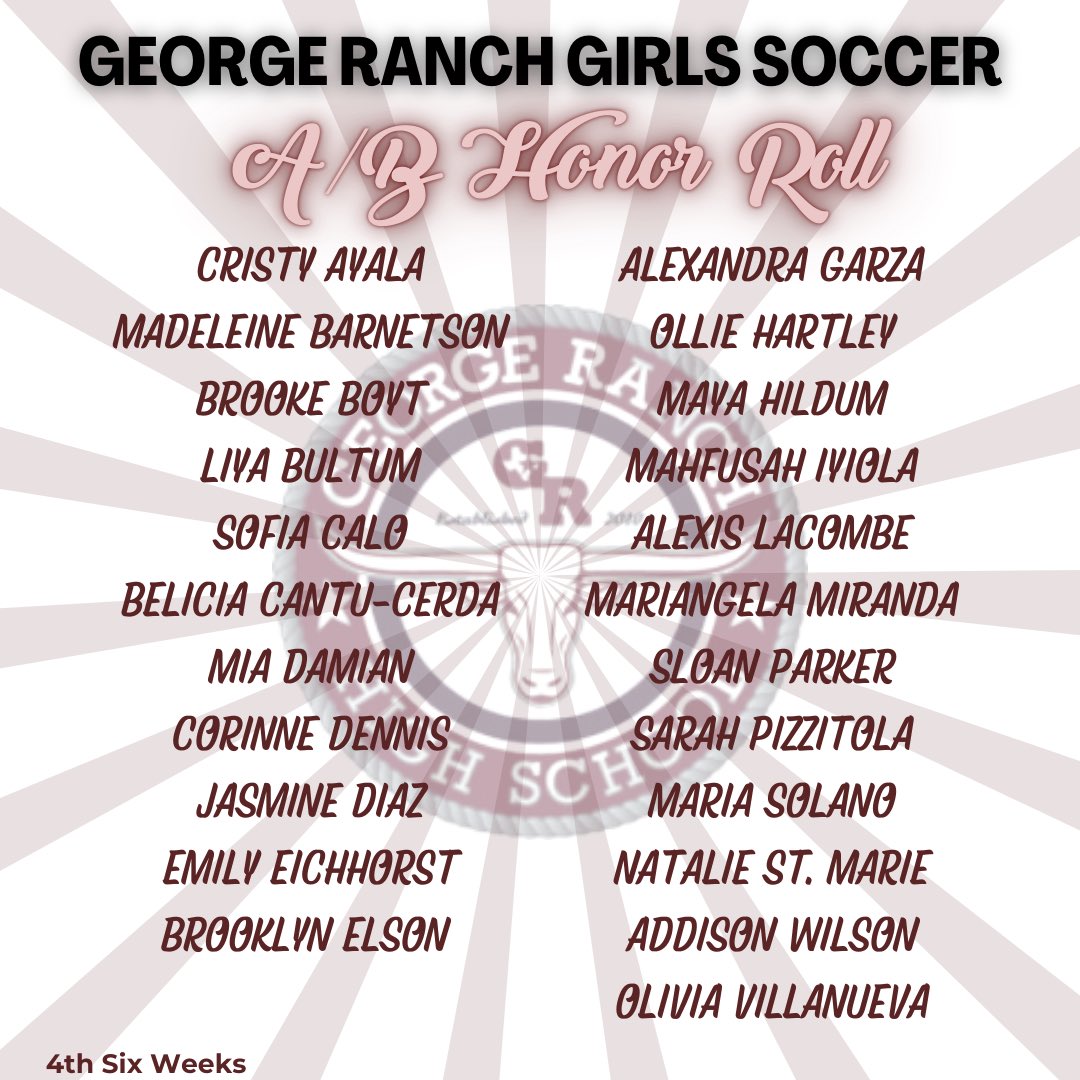 George Ranch Girls Soccer (@grhssoccer) on Twitter photo Shoutout to our student-athletes for making A and A/B honor roll during the 4th six weeks! @CoaADutch <a href="/CoachCaseyVogt/">Casey Vogt</a> <a href="/pinkpatterson/">Heather Patterson</a> <a href="/coachkauffman10/">Coach Kauffman</a> <a href="/CoachTeran_/">Coach Terán</a>
#WeAreGR Shoutout to our student-athletes for making A and A/B honor roll during the 4th six weeks! @CoaADutch <a href="/CoachCaseyVogt/">Casey Vogt</a> <a href="/pinkpatterson/">Heather Patterson</a> <a href="/coachkauffman10/">Coach Kauffman</a> <a href="/CoachTeran_/">Coach Terán</a>
#WeAreGR