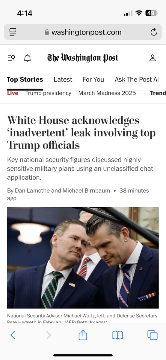 telecam1's tweet photo. @WarrenDavidson When will #DrunkSec be going to jail?
“Members of Congress…were stunned Monday by a bombshell report that top Trump administration officials — including the vice president and Defense secretary — discussed war plans in a Signal group chat.”
https://t.co/S4wpaJplLQ https://t.co/hSmoFTcEJm