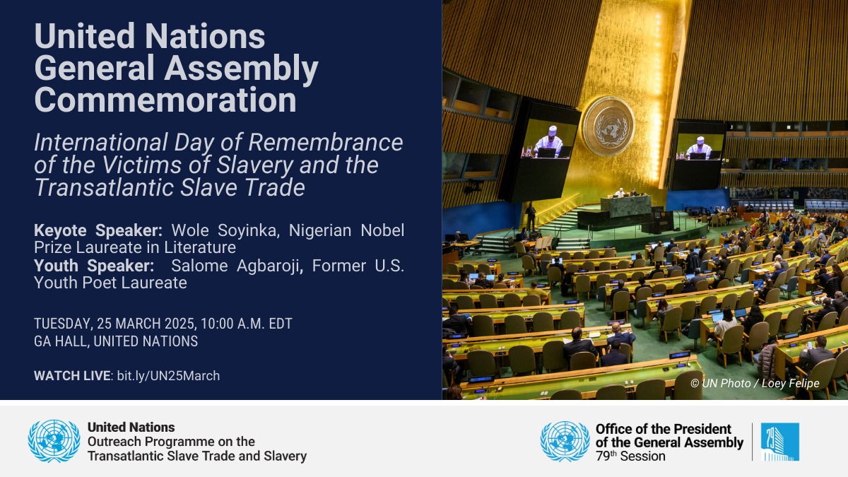 The transatlantic slave trade stands as one of the darkest chapters in human history. 

On the International Day of Remembrance of the Victims of Slavery and the Transatlantic Slave Trade, we recall this history – and confront its legacy. 

Tomorrow, the #UNGA will convene a
