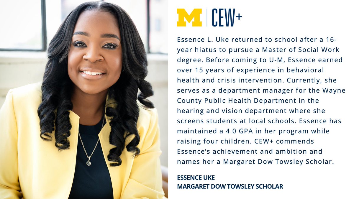 CEW+ at U-M (@cewatum) on Twitter photo Essence L. Uke returned to school after a 16-year hiatus to pursue a Master of Social Work degree at <a href="/UMSocialWork/">University of Michigan School of Social Work</a>. While raising four children and working at the Wayne County Public Health Department, she has maintained a perfect 4.0 GPA. cew.umich.edu/story/essence-… Essence L. Uke returned to school after a 16-year hiatus to pursue a Master of Social Work degree at <a href="/UMSocialWork/">University of Michigan School of Social Work</a>. While raising four children and working at the Wayne County Public Health Department, she has maintained a perfect 4.0 GPA. cew.umich.edu/story/essence-…