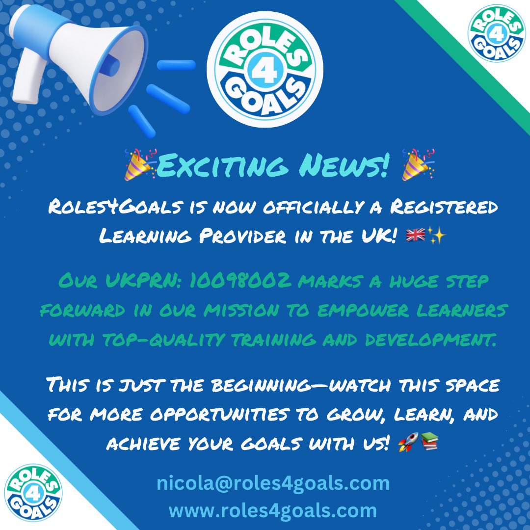 Very pleased to share our news! <a href="/Roles4Goals/">Roles4Goals</a> is now a UK Registered Learning Provider! #Teach #Empower #Roles4Goals #R4G #Careers #CareerAwareness #Employability #Education #Sport #Business #CSR #SocialValue #NotForProfit #YoungPeople #CareerChangers <a href="/NicolaDiligence/">Nicola Coppen, TechIOSH, MInstLM</a>