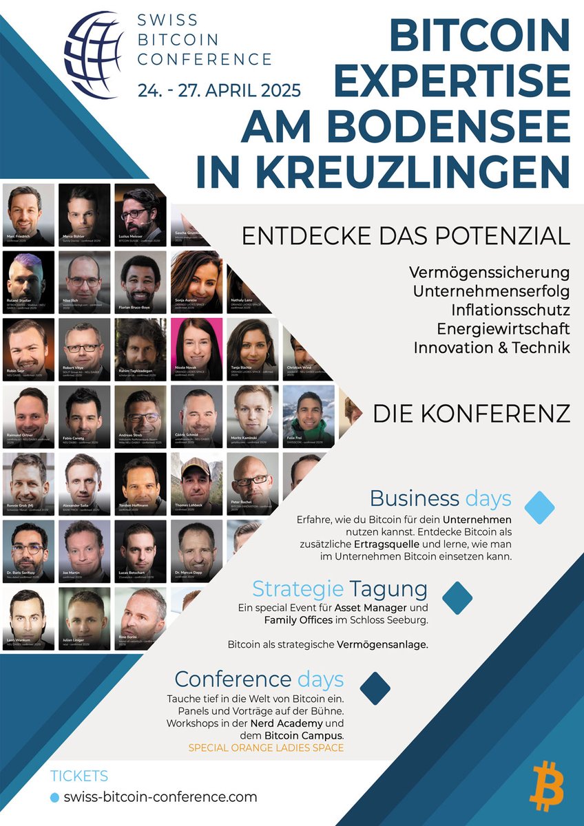 Swissbitcoincon's tweet image. Nächsten Monat am 24. APRIL 2025 ist es schon soweit! 
Wir erwarten euch in Kreuzlingen am Bodensee mit einem Programm für Unternehmen, Asset Manager &amp;amp; Family Offices und Bitcoiner. Seid mit dabei und sichern euch die Tickets vor der Inflation in 10 Tagen. 
#Bitcoin 
#bitcoinonly