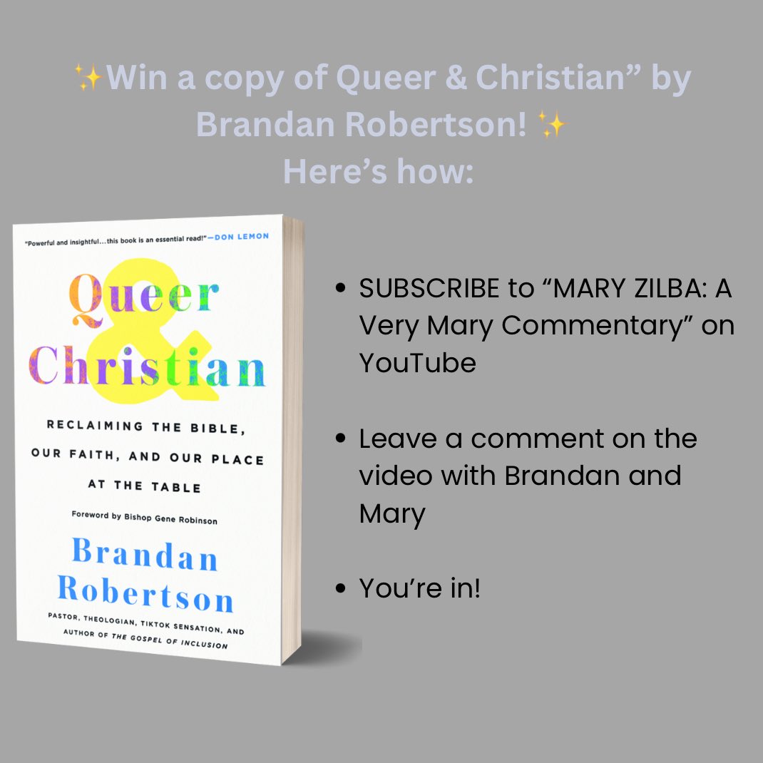 Mary Zilba (@maryzilba) on Twitter photo A little reminder of our CONTEST happening on A Very Mary Commentary! All you have to do is subscribe to our YouTube channel to be entered for an advanced release of “Queer and Christian” by <a href="/BrandanJR/">Brandan J. Robertson</a>. Subscribe here, details below:
youtube.com/@maryzilbaoffi… A little reminder of our CONTEST happening on A Very Mary Commentary! All you have to do is subscribe to our YouTube channel to be entered for an advanced release of “Queer and Christian” by <a href="/BrandanJR/">Brandan J. Robertson</a>. Subscribe here, details below:
youtube.com/@maryzilbaoffi…