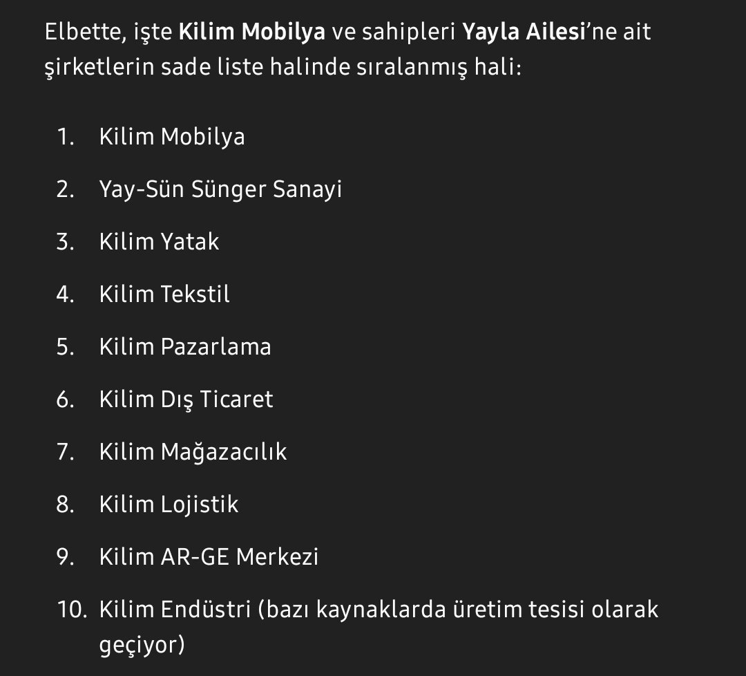 Kilim Mobilya'nın sahiplerinin şirket listesi #BOYKOT #BoykotListesi