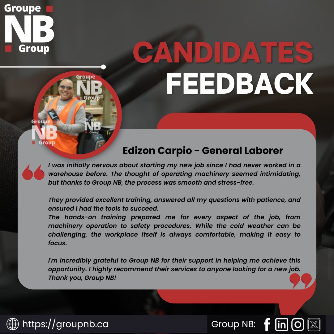 GroupNBCan's tweet image. Congratulation Edizon Carpio for getting the job as a General Laborer!  

Wishing you all the best!  

Visit our website: groupnb.ca 

#GroupNB #GeneralLaborer #immigration #jobs #staffing #canada