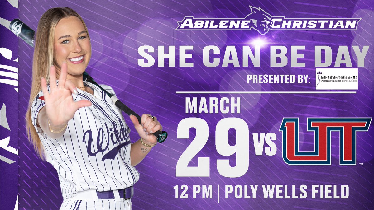 𝐒𝐡𝐞 𝐂𝐚𝐧 𝐁𝐞!

On Saturday, March 29th at 11:00am at Poly Wells Field, ACU Softball will be hosting our annual She Can Be Day to empower the young women of Abilene against Utah Tech University! 

The event will include participation in game elements and activities for those