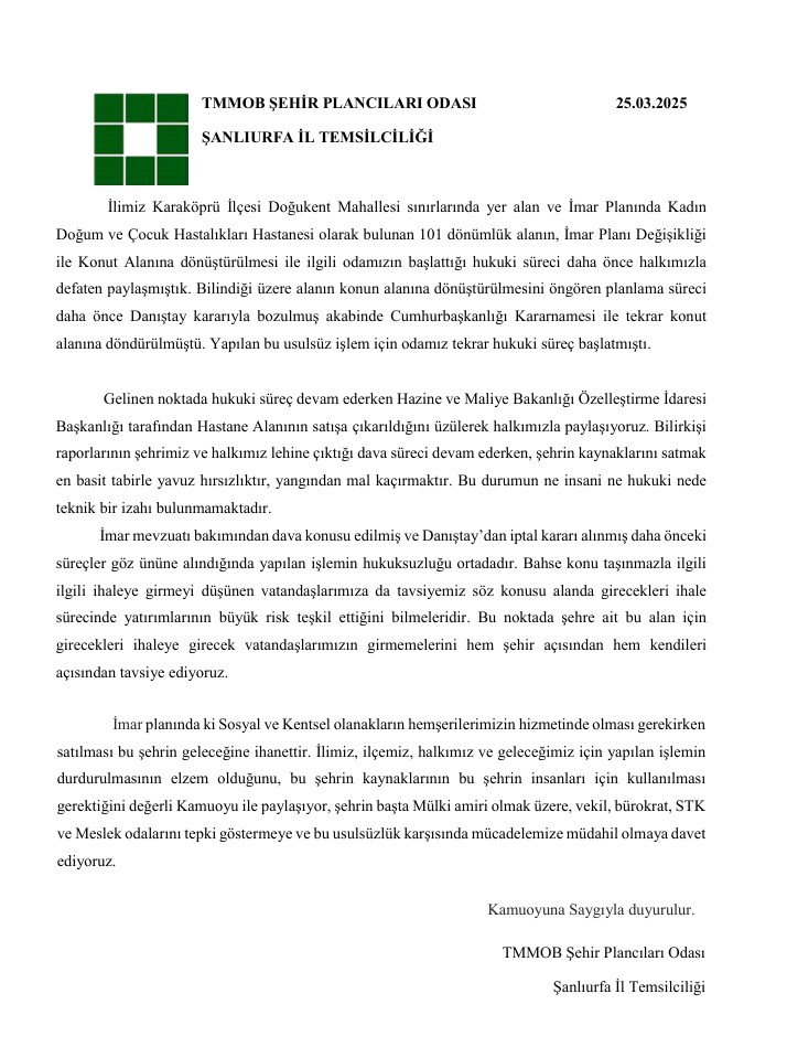 Şanlıurfa'nın değerli halkını, mülki amirini, yerel yönetimlerini, STK'larını, Meslek Odalarını, görüş ayırt etmeksizin bütün siyasi organlarını bizimle beraber Urfa'nın hakkına sahip çıkmaya davet ediyoruz. Satılan sadece bir arsa değil Urfa'nın Geleceğidir !