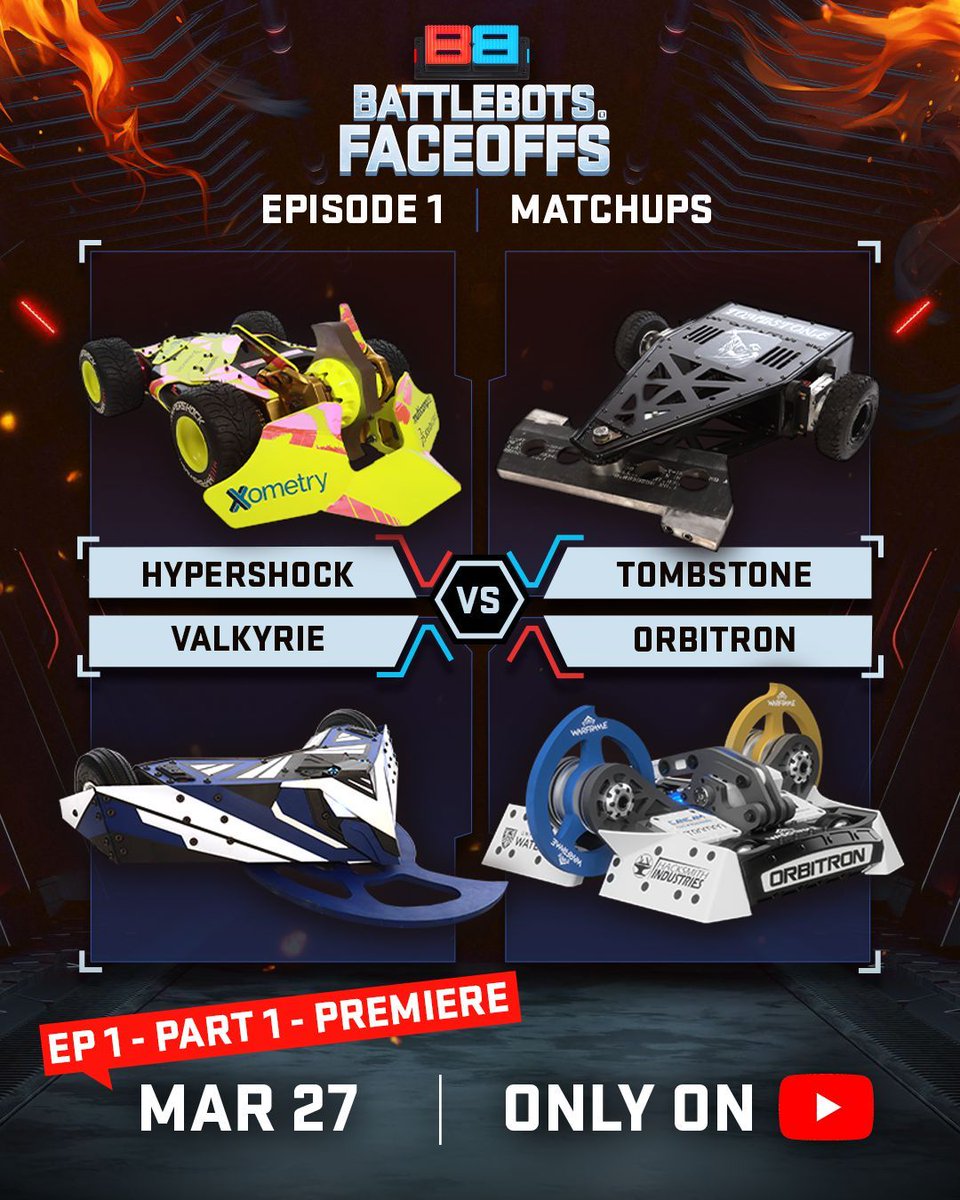 BattleBots (@battlebots) on Twitter photo It’s finally here… the premiere of BattleBots FaceOffs – Episode 1 (part 1)!
And we’re kicking things off with a Round Robin mini-tournament featuring FOUR iconic teams:
đź’Ą @hypershocktv
đź’€ <a href="/RealTombstoneBB/">Tombstone</a>
⚙️ <a href="/ValkyrieQD/">Valkyrie - BattleBot</a>
🚀 Orbitron (<a href="/thehacksmith/">the Hacksmith</a>)
Every robot fights every It’s finally here… the premiere of BattleBots FaceOffs – Episode 1 (part 1)!
And we’re kicking things off with a Round Robin mini-tournament featuring FOUR iconic teams:
đź’Ą @hypershocktv
đź’€ <a href="/RealTombstoneBB/">Tombstone</a>
⚙️ <a href="/ValkyrieQD/">Valkyrie - BattleBot</a>
🚀 Orbitron (<a href="/thehacksmith/">the Hacksmith</a>)
Every robot fights every