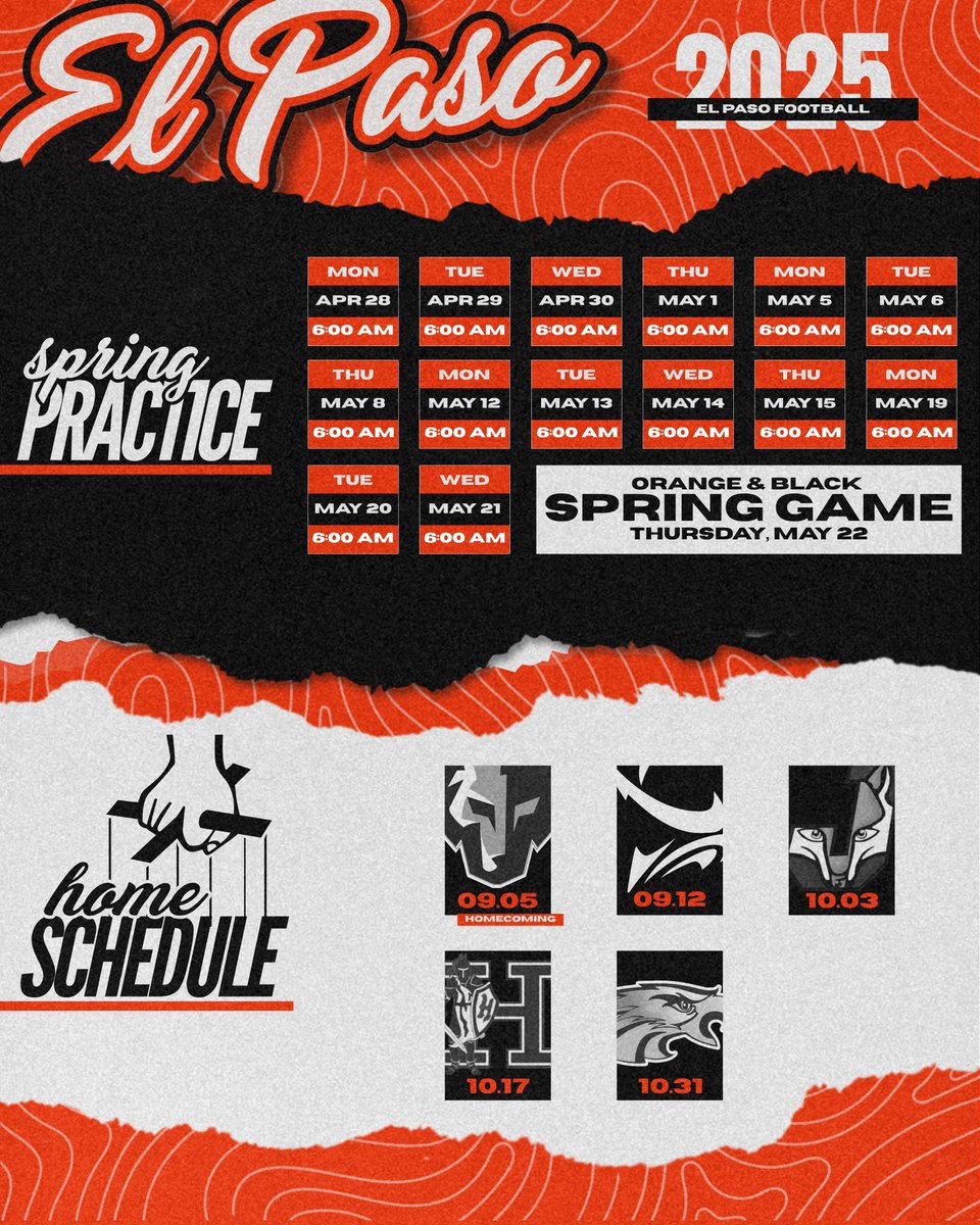 2025 Spring Practice Schedule 

Orange &amp; Black Spring Game
📆 Thursday, May 22

College Coaches, if you have any questions about recruiting/visiting please contact <a href="/CoachBiggs_/">Hunter Biggs</a> 

#digin x #brotherh25d x #txhsfb