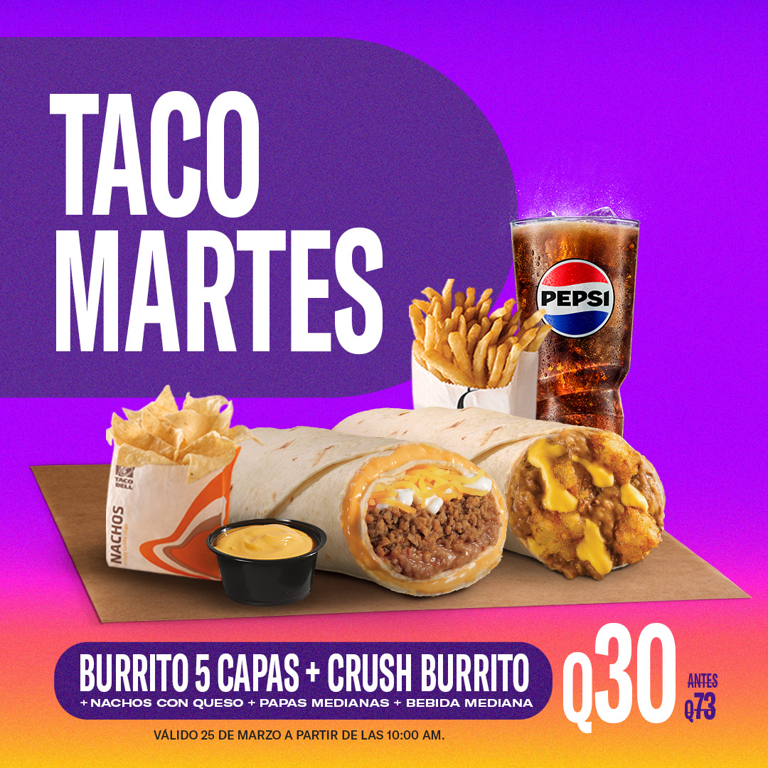 ¿No sabés cómo quitarle lo básico a tu martes? Obvio con el mejor lunch💜😋

Burrito 5 Capas + Crush Burrito + Papas Medianas + Nachos con soufflé de salsa queso + Bebida Mediana por Q30

Pídelo a domicilio al 2202-0111.

📲Ordena aquí: lili.ly/df4102bf
