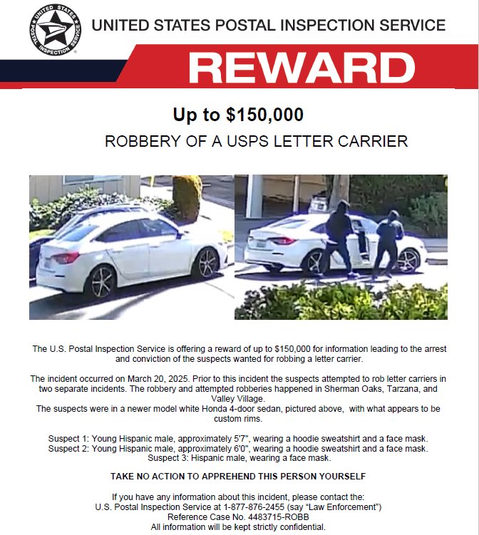 Reward of up to $150k for information leading to Arrest and Conviction of Robbery Suspect