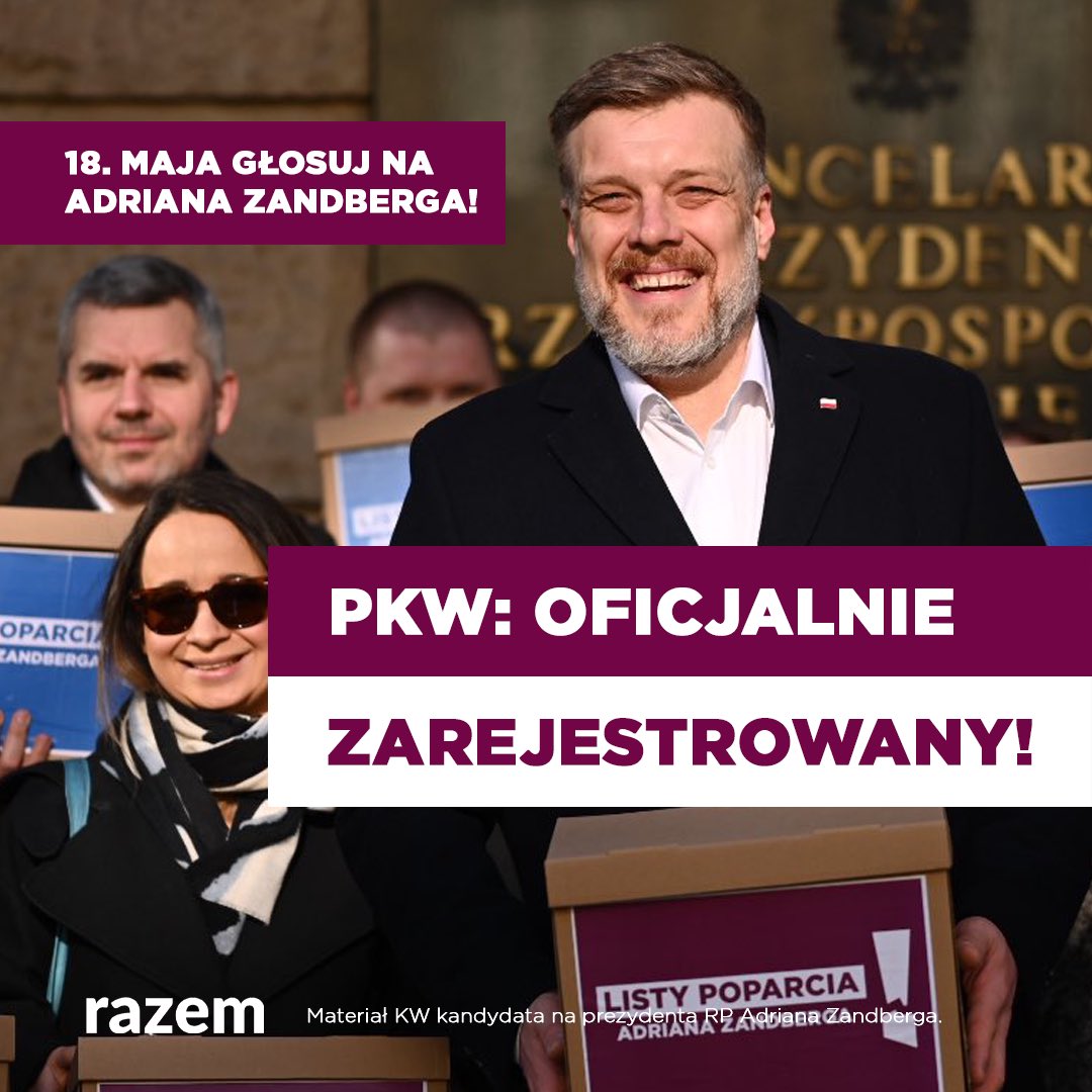 partiarazem's tweet image. 🔥 TO JUŻ OFICJALNE! Państwowa Komisja Wyborcza skończyła liczyć podpisy - Adrian Zandberg oficjalnie kandyduje w wyborach prezydenckich 🔥 Będzie na kogo zagłosować 18. maja!