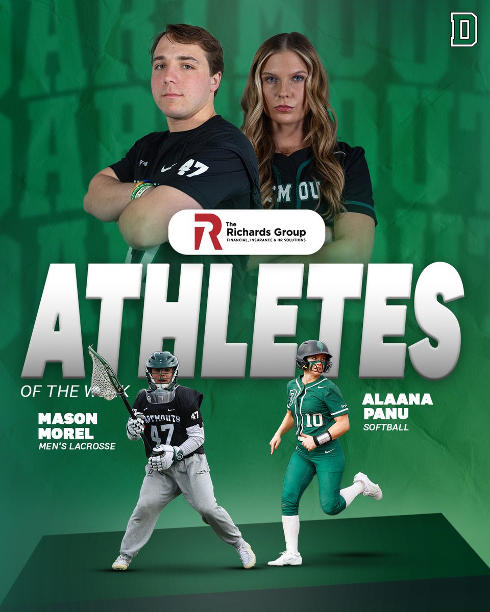 Dartmouth Athletics (@dartmouthsports) on Twitter photo 📰| Mason Morel of <a href="/DartmouthMLax/">Dartmouth Men’s Lacrosse</a> and Alaana Panu of <a href="/DartmouthSball/">Dartmouth Softball</a> have been named The Richards Group Athletes of the Week
📰: dartsports.co/4l44OST
#GoBigGreen | #TheWoods🌲 📰| Mason Morel of <a href="/DartmouthMLax/">Dartmouth Men’s Lacrosse</a> and Alaana Panu of <a href="/DartmouthSball/">Dartmouth Softball</a> have been named The Richards Group Athletes of the Week
📰: dartsports.co/4l44OST
#GoBigGreen | #TheWoods🌲