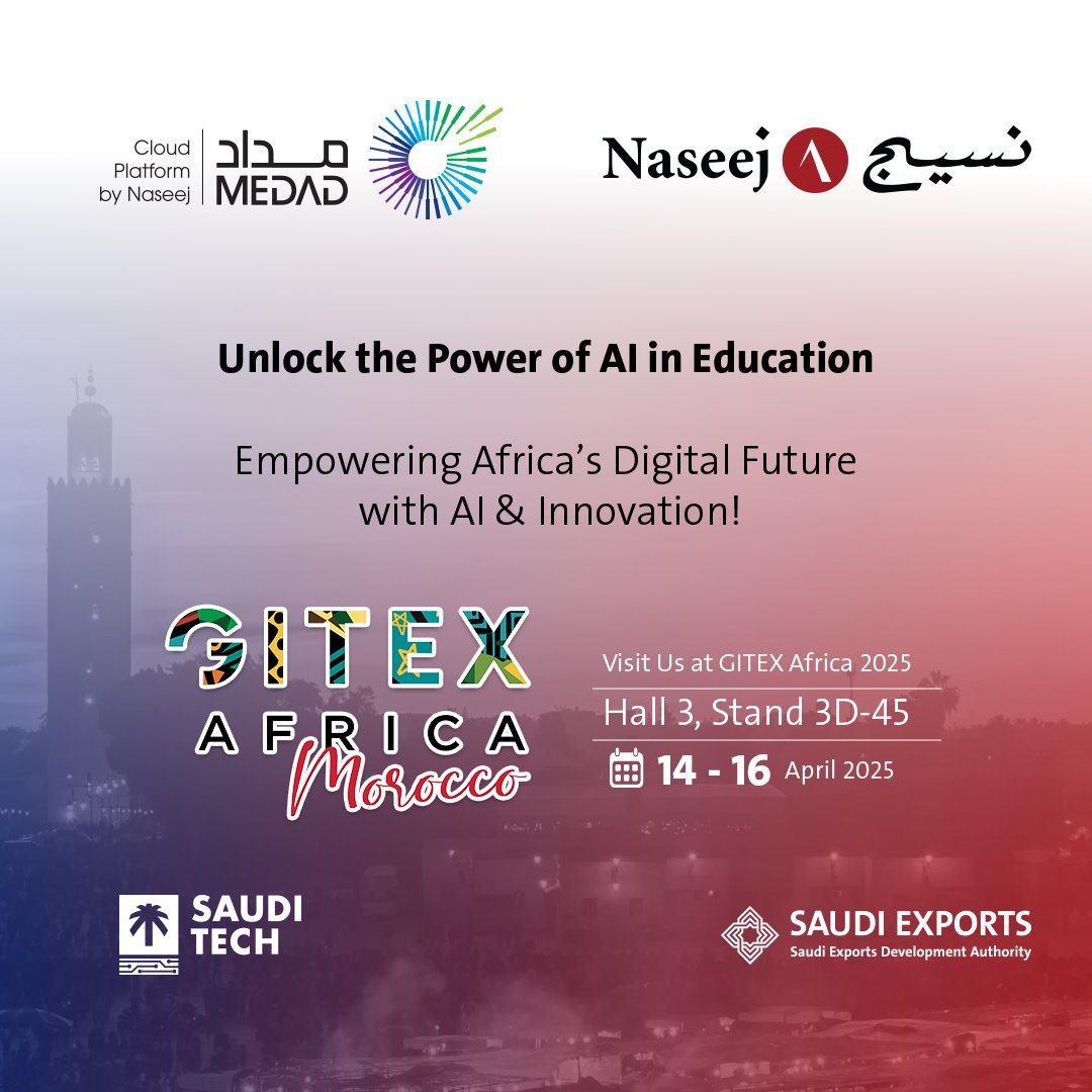MEDAD مداد (@medad_cloud) on Twitter photo #𝐍𝐚𝐬𝐞𝐞𝐣 𝐢𝐬 𝐡𝐞𝐚𝐝𝐢𝐧𝐠 𝐭𝐨 <a href="/GITEXAfrica/">GITEX AFRICA</a> 2025!
We’re excited to announce our participation in GITEX AFRICA 2025, the continent’s leading tech and innovation event! Join us in Marrakech, Morocco, from
📅 April 14 to 16, 2025
📌 Hall 3, Stand 3D-45 | <a href="/SaudiExports/">الصادرات السعودية</a> #𝐍𝐚𝐬𝐞𝐞𝐣 𝐢𝐬 𝐡𝐞𝐚𝐝𝐢𝐧𝐠 𝐭𝐨 <a href="/GITEXAfrica/">GITEX AFRICA</a> 2025!
We’re excited to announce our participation in GITEX AFRICA 2025, the continent’s leading tech and innovation event! Join us in Marrakech, Morocco, from
📅 April 14 to 16, 2025
📌 Hall 3, Stand 3D-45 | <a href="/SaudiExports/">الصادرات السعودية</a>