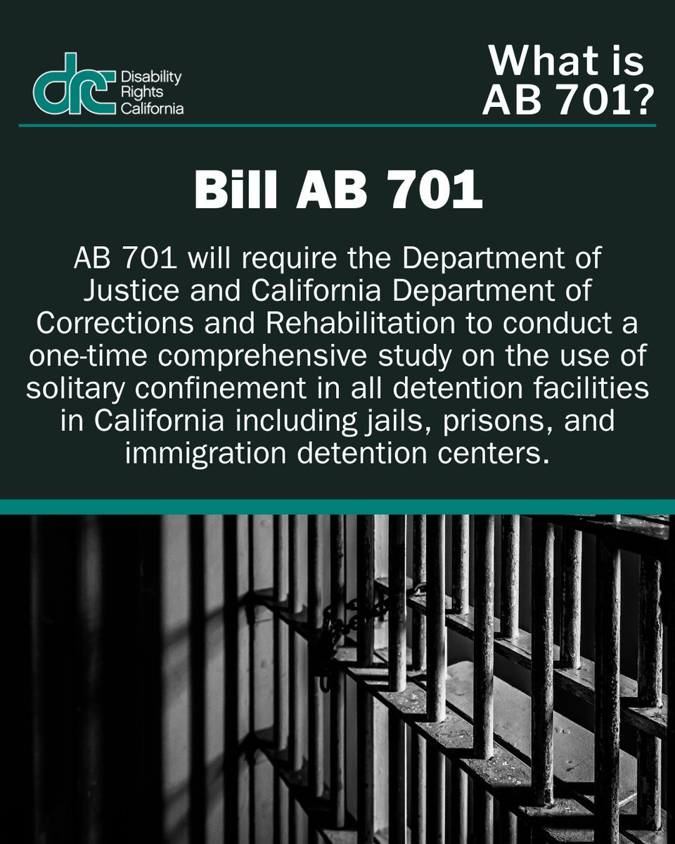 DisabilityCA's tweet photo. ❗️California Action Alert❗️
Join us at the Capitol in Support of AB 701 (Ortega)
Assembly Public Safety Committee
March 25 @ 8:30am
State Capitol, Room 126
AB 701 (Ortega) will be voted on TOMORROW! #AB701 requires the Department of Justice and California Department of Corrections and Rehabilitation to conduct a one-time comprehensive study on the use of solitary confinement in all detention facilities in California.
People with disabilities, especially mental health disabilities, are particularly at risk for long-term damage from any amount of time in solitary confinement. A comprehensive study about the frequency and use of solitary confinement in detention facilities can help guide conversations and create common safeguards that protect human rights.
Show your support by joining us at the California Capitol! For more information about AB 701 visit the link: https://t.co/0B5gDjUCL0
@AsmLizOrtega @PrisonLaw @NextGen_Policy @NOMORESHU @BerkeleyUSI @UnlockTheBoxNow @RFKHumanRights @HaitianBridge @NRCATtweets
#DisabilityRights #AB701 #DisabilityRightsCalifornia