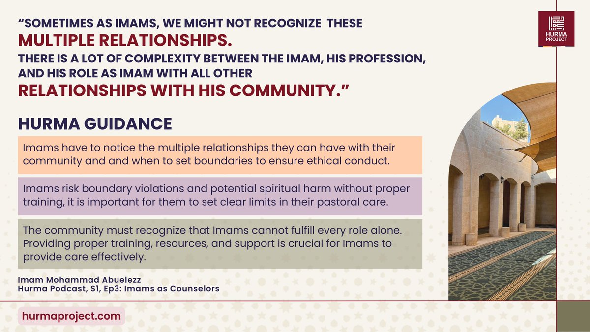 Imam Mohammad Abuelezz reminds us in S1, Ep3 of the Hurma Podcast that "Sometimes as Imams, we might not recognize these multiple relationships. There is a lot of complexity between the Imam, his profession, and his role as Imam with all other relationships with his community."