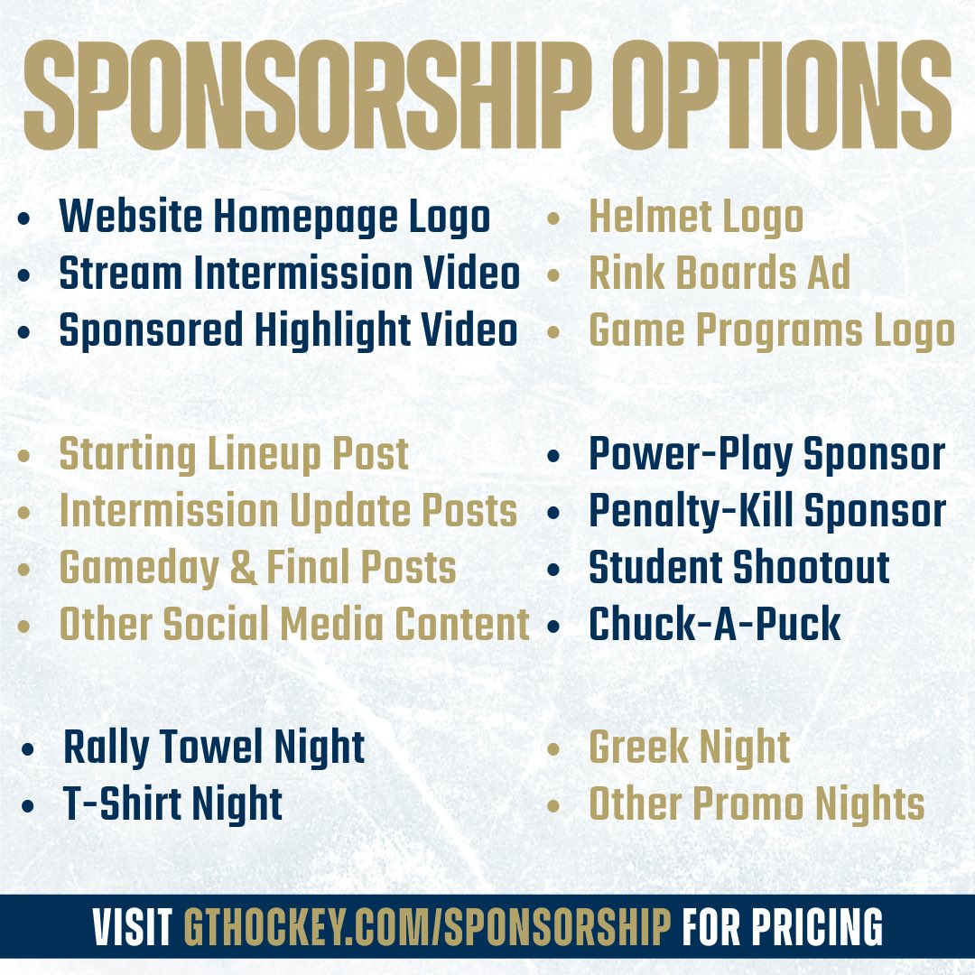 Georgia Tech Hockey (@gt_hockey) on Twitter photo Sponsor Georgia Tech Hockey for the 2025-2026 season! DM us or email georgiatechhockey@gmail.com with inquiries. Sponsor Georgia Tech Hockey for the 2025-2026 season! DM us or email georgiatechhockey@gmail.com with inquiries.