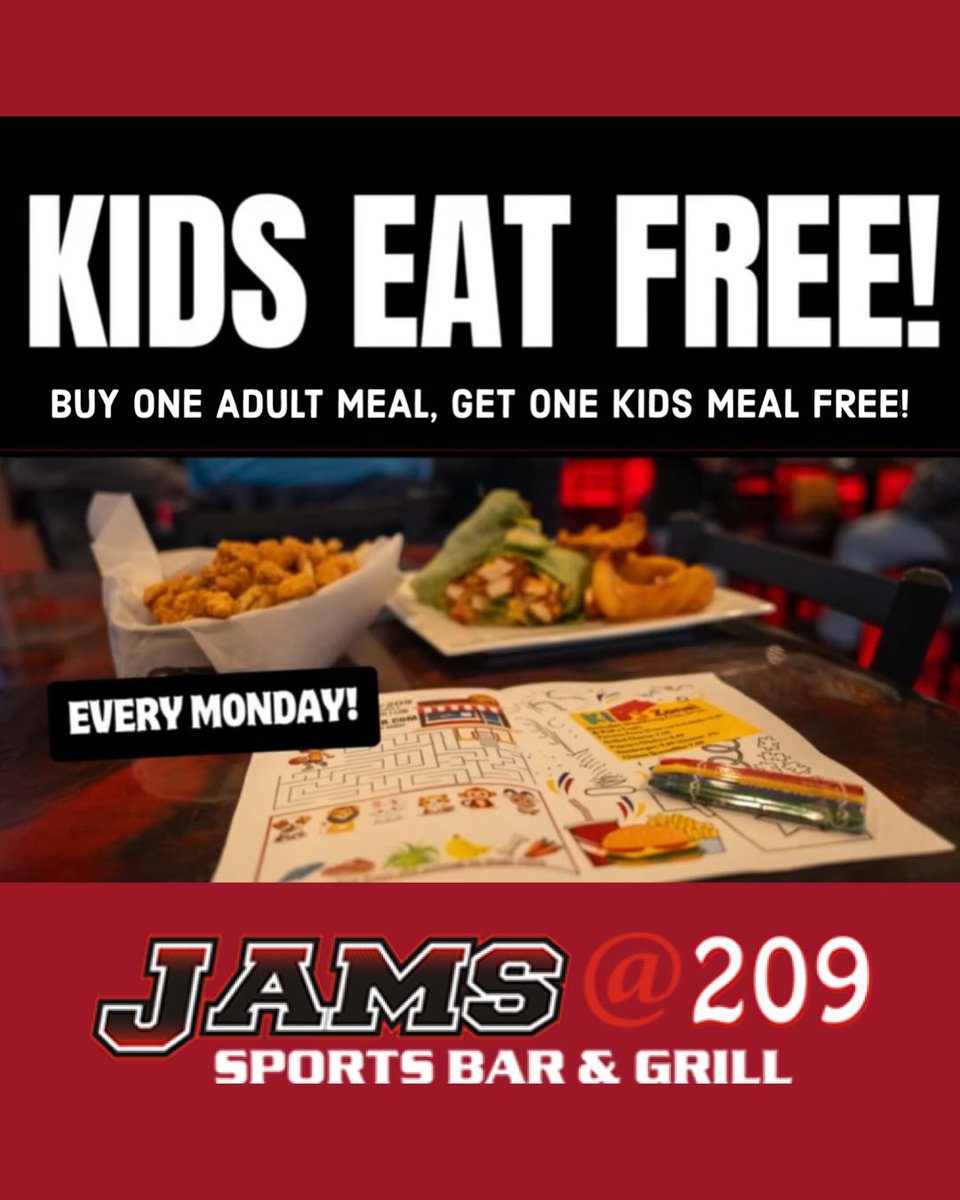 Kids eat FREE with the purchase of an adult entrée. Bring the whole family and start the week off right! #KidsEatFree #MondaySpecial