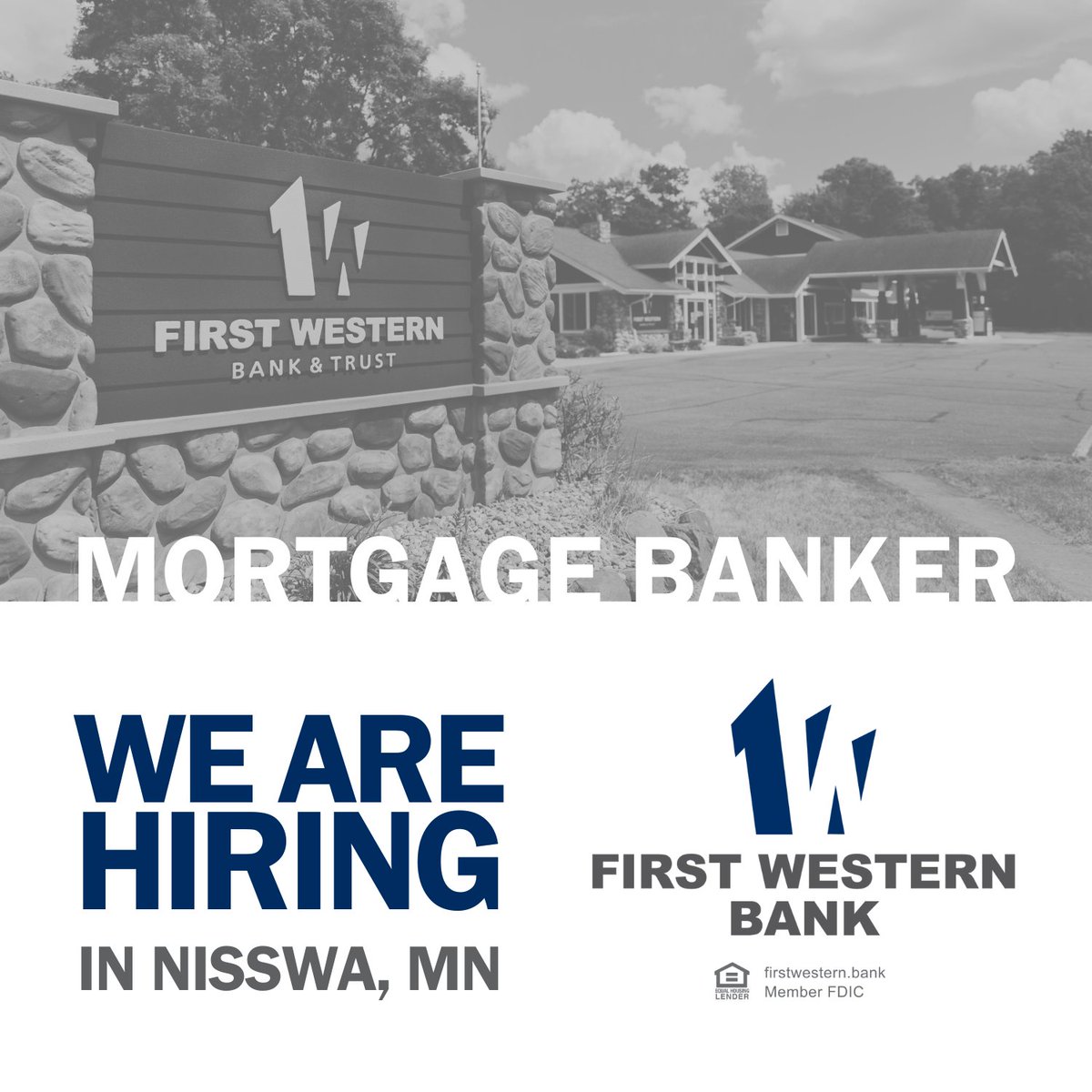 We're hiring a Mortgage Banker in downtown Nisswa, Minnesota! 

Apply Online ➡️ firstwestern.bank/careers