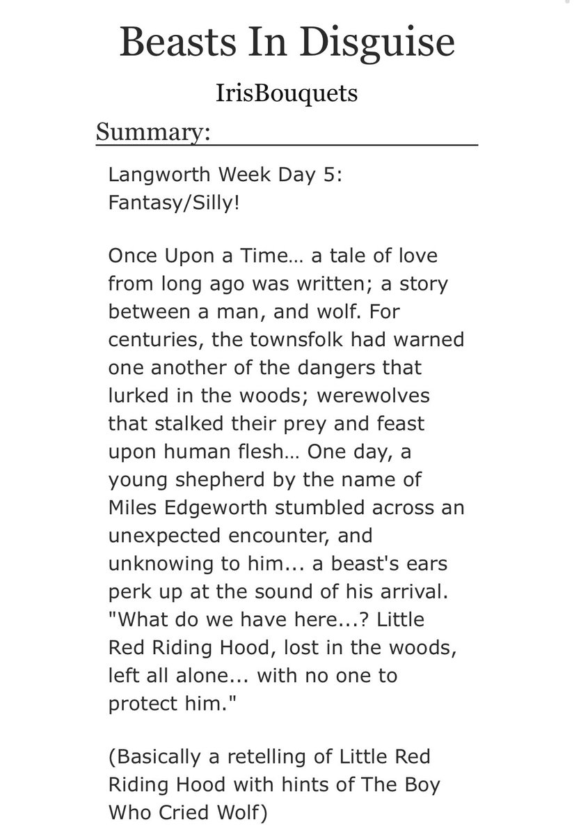 Langworth Week Day 5:
Fantasy/Silly!

archiveofourown.org/works/64128265

This one was probably my favorite despite not knowing what to do at first, shout out to my friend for the idea 🙏 

#langworthweek2025 #langworthweek #langworth #roumitsu #aai