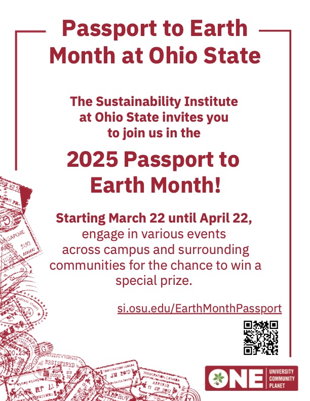 🙌Join us for Passport to Earth Month at Ohio State!

From March 22 to April 22, take part in sustainability events across campus &amp; the community for a chance to win a special prize!🎁

🔗 Learn more: si.osu.edu/EarthMonthPass…
