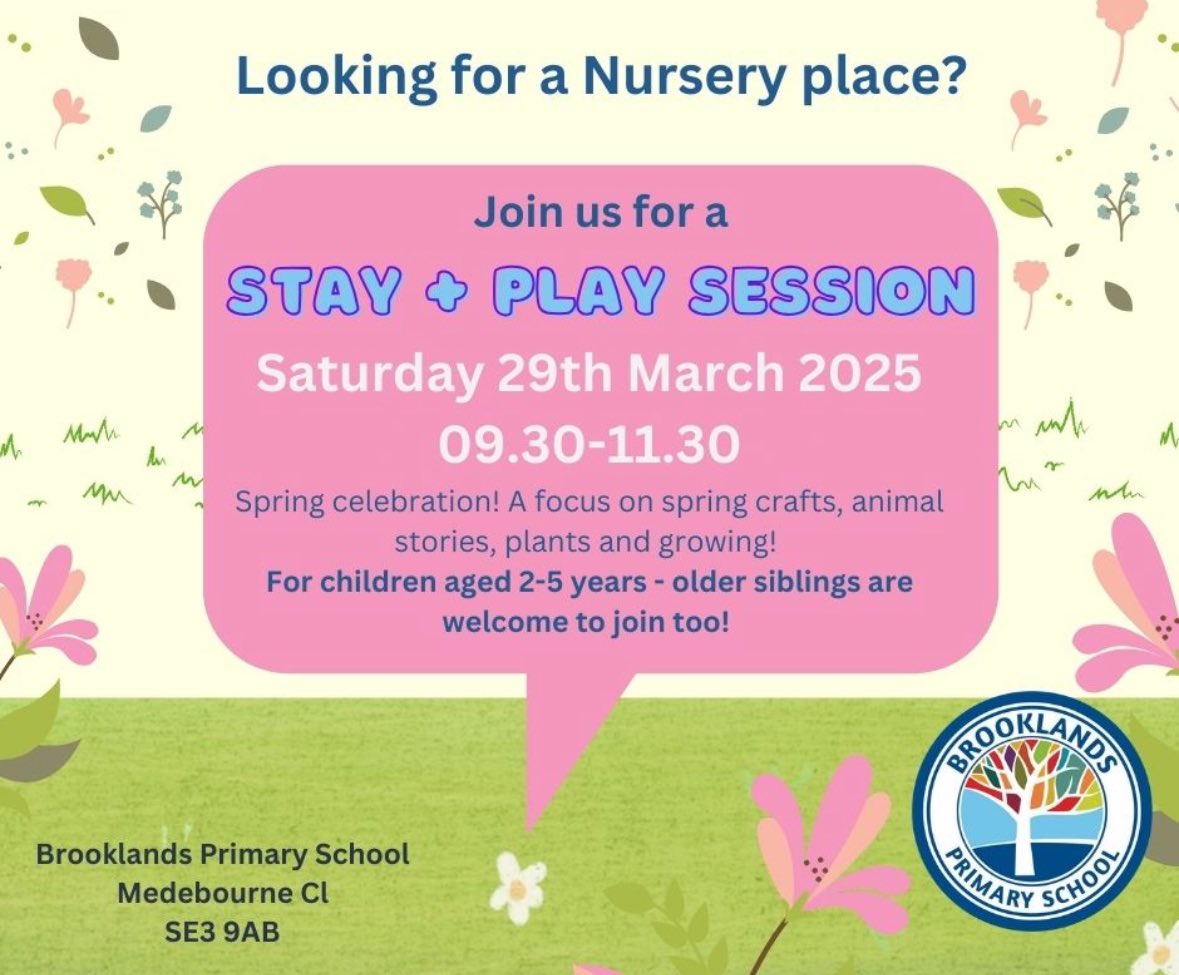 BrooklandsPS's tweet photo. This Saturday is our next Stay and Play session at Brooklands! Come and look around our Nursery and Reception, (including our new two-year-old room) or simply join us for a play and a cup of tea- it’s a lovely way to start the weekend. https://t.co/HVBSpPtpUf