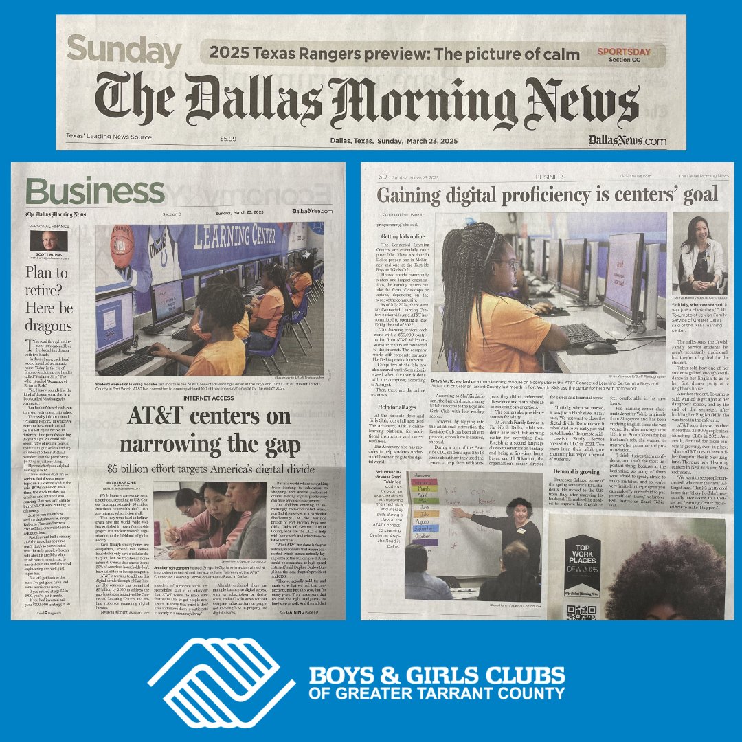 Our Eastside branch and its <a href="/ATT/">AT&T</a> Connected Learning Center (CLC) was featured in the Sunday print edition of the <a href="/dallasnews/">Dallas Morning News</a>. The CLC is a computer lab equipped with high-speed internet and an online learning platform that provides additional instruction and career readiness.