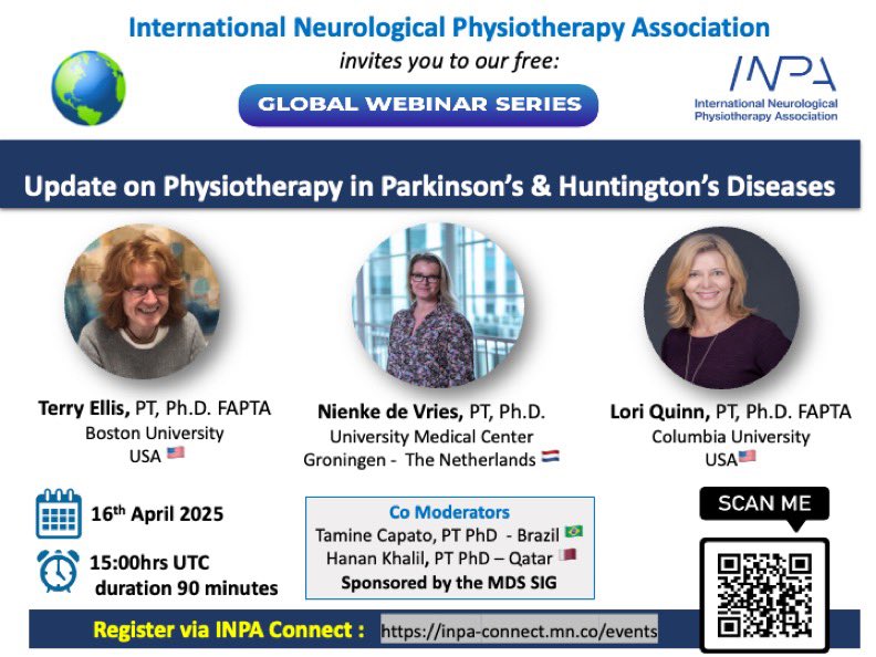 New webinar 📣

Join us for an upcoming free webinar featuring <a href="/LoriQuinnNY/">Lori Quinn</a> and expert colleagues as they discuss recent updates in physiotherapy for Parkinson’s Disease and Huntington’s Disease! <a href="/APTANeuroPT/">APTAAcademyofNeuroPT</a> <a href="/JNPT/">JNPT</a> 

🔗 Register at: inpa-connect.mn.co/events