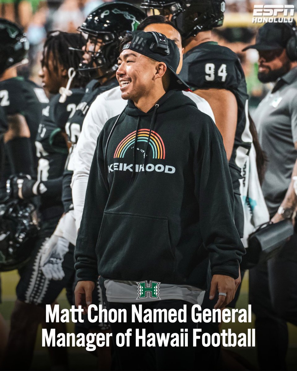 ESPN Honolulu (@espnhonolulu) on Twitter photo .<a href="/matt_chon/">Matt Chon</a> has been named the General Manager of <a href="/HawaiiFootball/">Hawaii Football</a>, as first reported by <a href="/StephenTsai/">Stephen Tsai</a> of the Honolulu Star-Advertiser! 🏈
As GM, Chon will lead NILs, roster management, and recruiting. Previously, he handled day-to-day operations as Chief of Staff. .<a href="/matt_chon/">Matt Chon</a> has been named the General Manager of <a href="/HawaiiFootball/">Hawaii Football</a>, as first reported by <a href="/StephenTsai/">Stephen Tsai</a> of the Honolulu Star-Advertiser! 🏈
As GM, Chon will lead NILs, roster management, and recruiting. Previously, he handled day-to-day operations as Chief of Staff.
