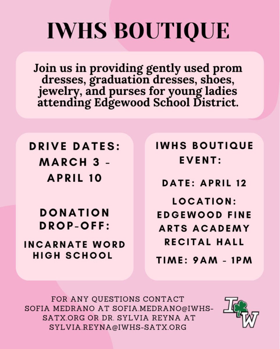 🌟 Exciting News!🌟
We’re partnering with Incarnate Word HS for the IWHS Boutique! 💃✨
📅 Saturday, April 12, 2025
📍 Edgewood Fine Arts Academy Recital Hall
Young ladies in EISD, find your FREE dress for Prom, Military Ball, or Graduation! 👗🎉
📞 Info: 210.898.2068
<a href="/EISDofSA/">Edgewood ISD</a>