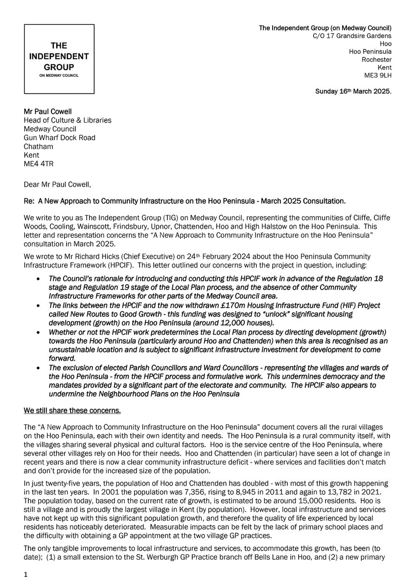 indegroupmedway's tweet photo. The Independent Group's representation to Medway Council's "A New Approach to Community Infrastructure on the Hoo Peninsula" consultation (March 2025).
#TheIndependentGroup
#HooPeninsula
#Cliffe #CliffeWoods #Cooling #Frindsbury #Wainscott #Upnor #Chattenden #HighHalstow #Hoo https://t.co/9El2infXv5