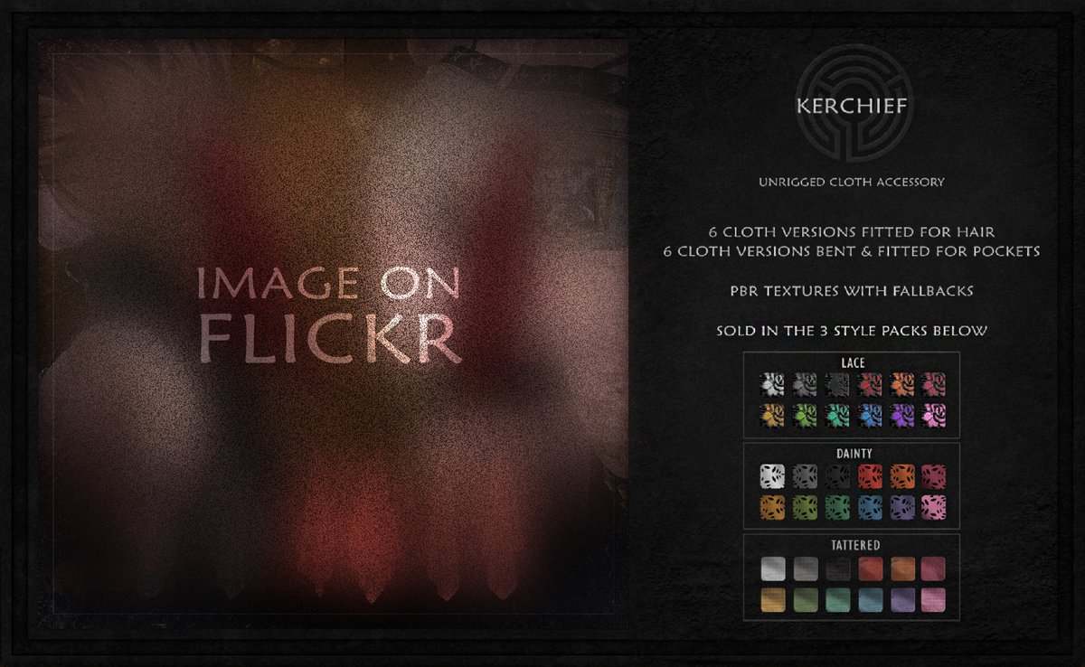 A simple handkerchief accent accessory that comes in 3 very different texture packs, covering a wide array of uses whether you need something fancy or practical~ New @ The Warehouse Sale! #secondlife

Flickr: flic.kr/p/2qTEs7S
Taxi: maps.secondlife.com/secondlife/Rot…