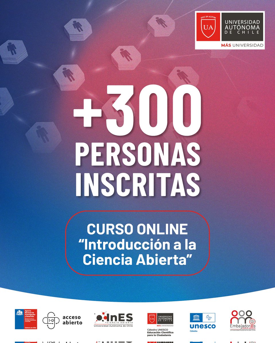 InES Ciencia Abierta (@opensciencecl) on Twitter photo 💡 ¡MÁS DE 300 INSCRIPCIONES! El proyecto InES #CienciaAbierta de la <a href="/autonomadechile/">Universidad Autónoma de Chile</a> comparte su agradecimiento por el gran interés en su curso "Introducción a la Ciencia Abierta" 🌐🔓
Muy pronto recibirán información en sus correos sobre el inicio del curso y acceso 📚 💡 ¡MÁS DE 300 INSCRIPCIONES! El proyecto InES #CienciaAbierta de la <a href="/autonomadechile/">Universidad Autónoma de Chile</a> comparte su agradecimiento por el gran interés en su curso "Introducción a la Ciencia Abierta" 🌐🔓
Muy pronto recibirán información en sus correos sobre el inicio del curso y acceso 📚