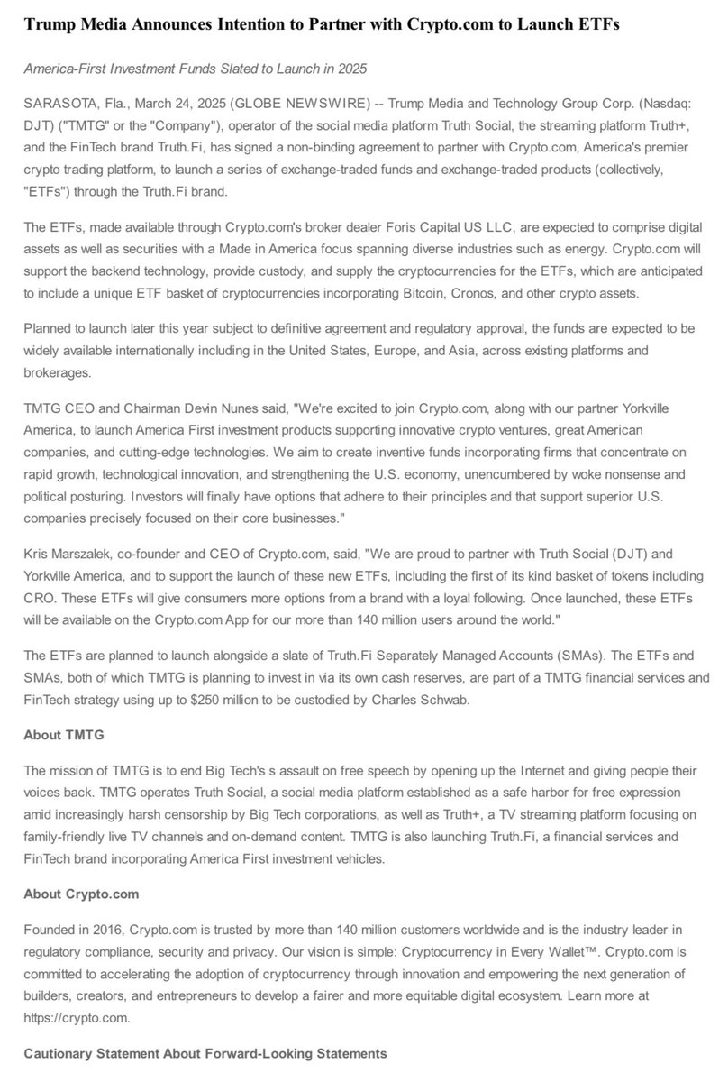 Eleanor Terrett (@eleanorterrett) on Twitter photo 🚨NEW: <a href="/realDonaldTrump/">Donald J. Trump</a>’s media company Trump Media, parent company of Truth Social, has announced a partnership with <a href="/cryptocom/">Crypto.com</a> to launch a series of ETFs and ETPs “comprised of digital assets as well as securities with a Made in America focus spanning diverse industries such as 🚨NEW: <a href="/realDonaldTrump/">Donald J. Trump</a>’s media company Trump Media, parent company of Truth Social, has announced a partnership with <a href="/cryptocom/">Crypto.com</a> to launch a series of ETFs and ETPs “comprised of digital assets as well as securities with a Made in America focus spanning diverse industries such as