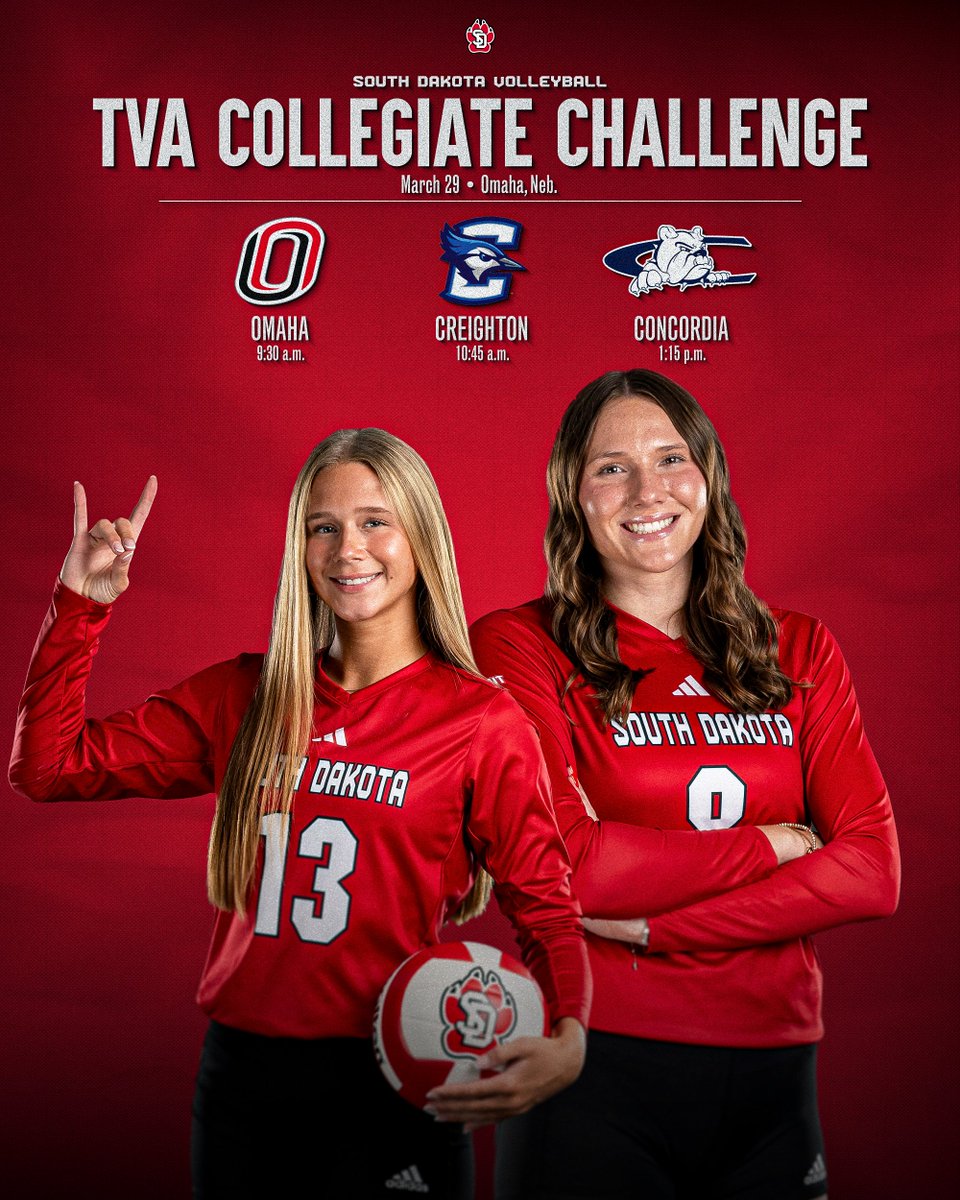 Our schedule for the TVA Collegiate Challenge this Saturday is set! ⤵️

vs Omaha @ 9:30 a.m.
vs Creighton @ 10:45 a.m.
vs Concordia @ 1:15 p.m.

#GoYotes x #WeAreSouthDakota