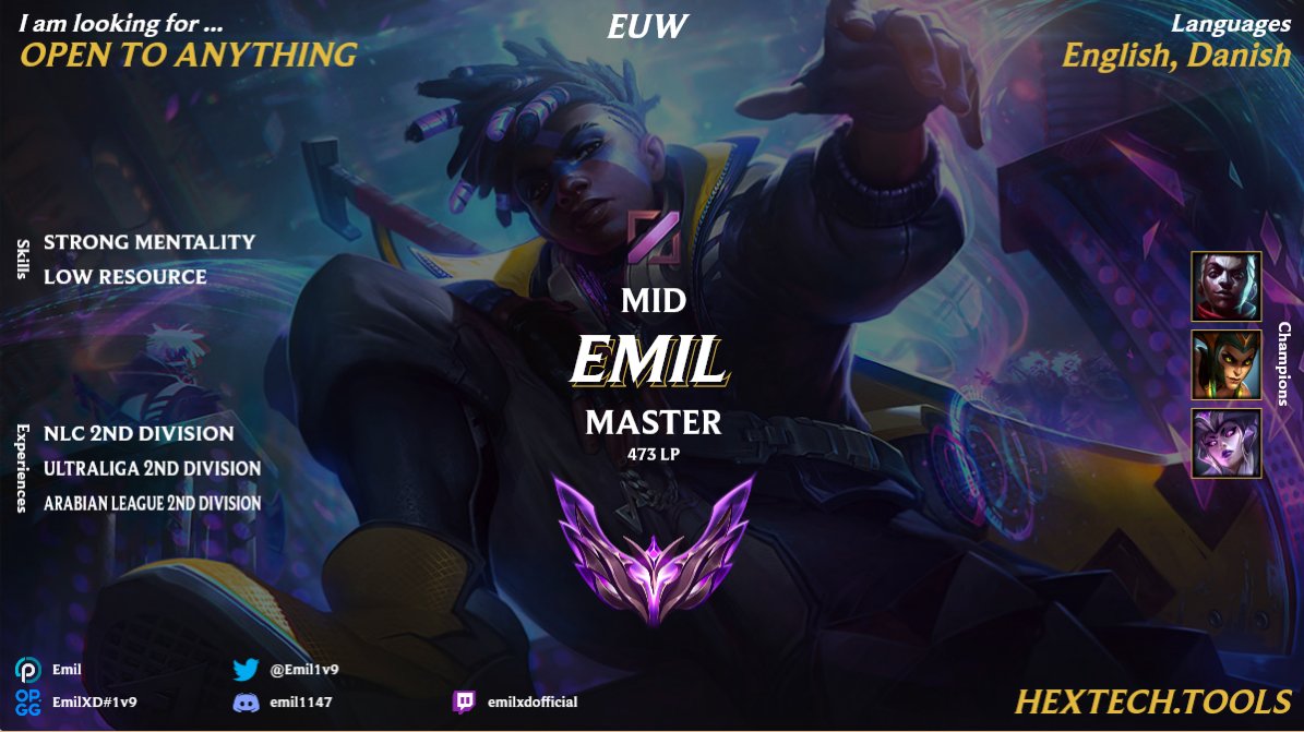 Emil (@emil1v9) on Twitter photo After a nice split in the UKEL 2nd Div with <a href="/DMGesportsUK/">DMG United Kingdom</a> I am exploring potential options for next split. Likes and retweets are as always appreciated :) <a href="/LoL_LFT/">LoL Looking For Team ๐ฎ๐น ๐ช๐บ</a> <a href="/lft_prime/">Prime League LFT</a> After a nice split in the UKEL 2nd Div with <a href="/DMGesportsUK/">DMG United Kingdom</a> I am exploring potential options for next split. Likes and retweets are as always appreciated :) <a href="/LoL_LFT/">LoL Looking For Team ๐ฎ๐น ๐ช๐บ</a> <a href="/lft_prime/">Prime League LFT</a>