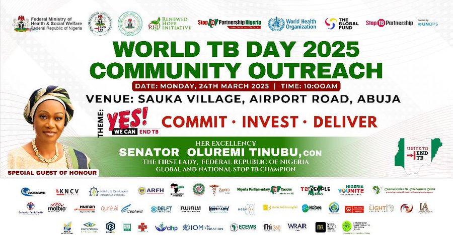 UN_Nigeria's tweet photo. To mark the #WorldTBDay2025, @WHONigeria with @NTBLCP1, @StopTB and other stakeholders organized a medical community outreach in Sauka Village, Abuja.
The event was led by Her Excellency, the First Lady of the Federal Republic of Nigeria, @SenRemiTinubu, CON.
#EndTB #CheckAmO https://t.co/5cxTLfHTqK