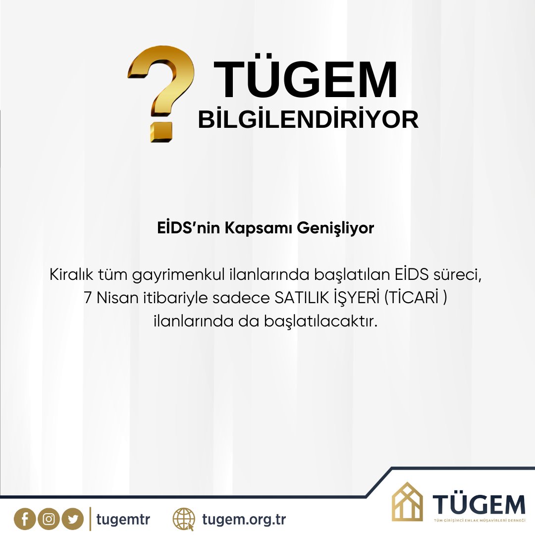 EİDS’nin Kapsamı Genişliyor

Kiralık tüm gayrimenkul ilanlarında başlatılan EİDS süreci,
7 Nisan itibariyle sadece SATILIK İŞYERİ (TİCARİ )
ilanlarında da başlatılacaktır.