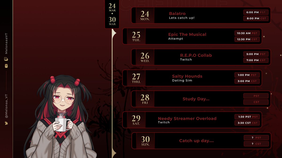 Melonaa_VT's tweet photo. March 24 - March 30 Schedule!
Its gonna be week with streams since I am bit less busy this week!!🤠
🥀✨
General: #Meluvie
Art: #Luviearts
Music: #MelodyYuvi
Clips: #Melclips https://t.co/2y4Zp5ZEf9