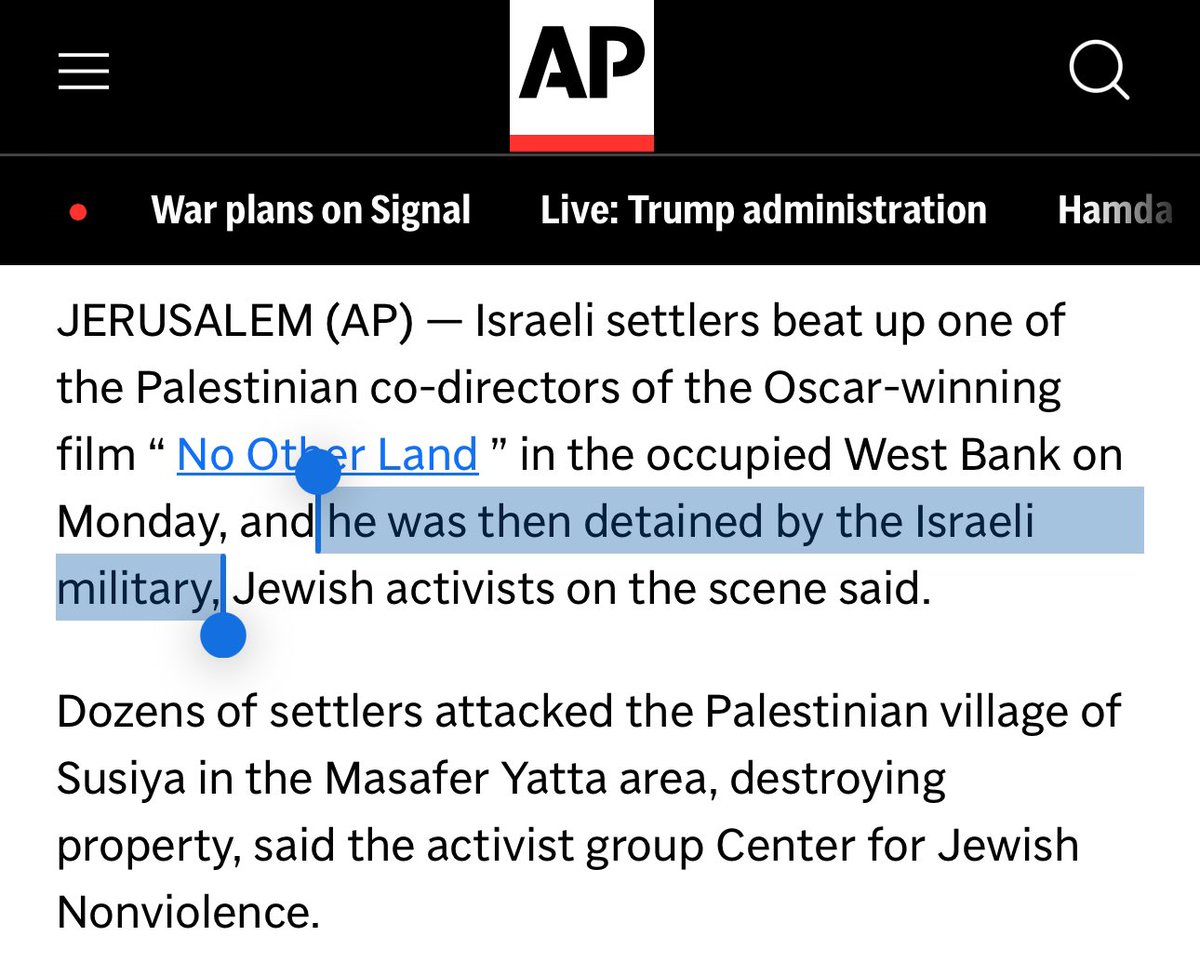 AssalRad's tweet photo. Illegal Israeli settlers attacked a Palestinian village and beat Hamdan Ballal, who is one of the Palestinian co-directors of “No Other Land.”

The occupying Israeli military then stepped in…to detain Hamdan Ballal. https://t.co/s3MSOhEj7i