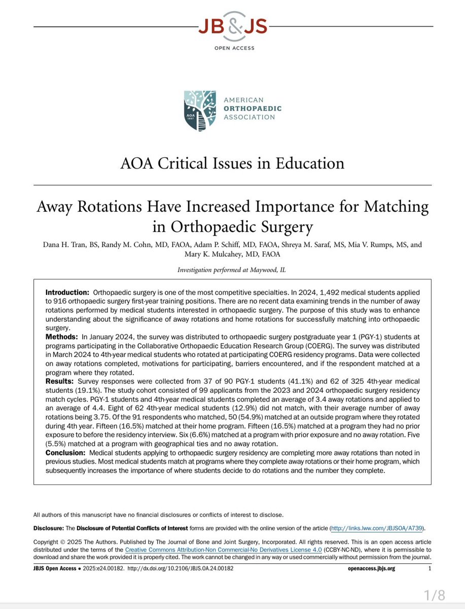 Mary Mulcahey (@marykmulcaheymd) on Twitter photo Away rotations are critical for matching into ortho!
ā³ļøMedical students applying to ortho residency are applying to more away rotations than previously noted
ā³ļøMost students match at programs where they do away rotations or their home program
rb.gy/7r3t6t <a href="/jbjs/">J Bone & Joint Surg</a> Away rotations are critical for matching into ortho!
ā³ļøMedical students applying to ortho residency are applying to more away rotations than previously noted
ā³ļøMost students match at programs where they do away rotations or their home program
rb.gy/7r3t6t <a href="/jbjs/">J Bone & Joint Surg</a>
