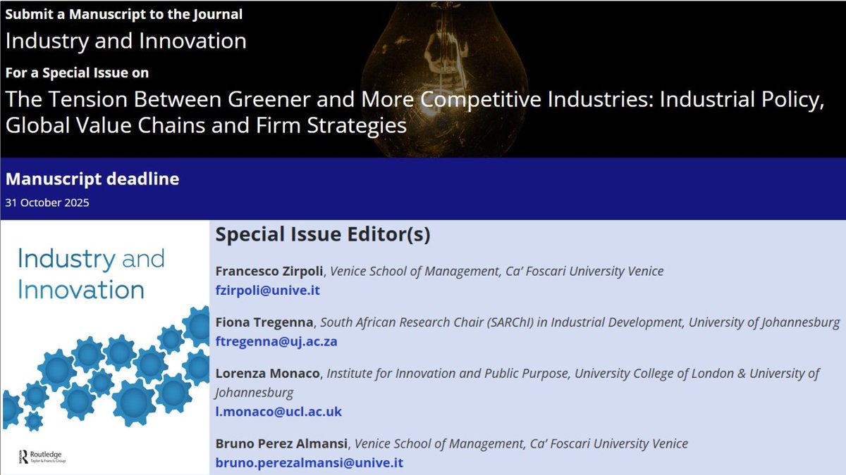 ❓How to navigate the tension between greener and more competitive industries? Special Issue on this very topic, open for submissions in October, 2025!
🔎 For more info on the SI and suggested research questions, please consult the following link: tinyurl.com/5vxzm6zr