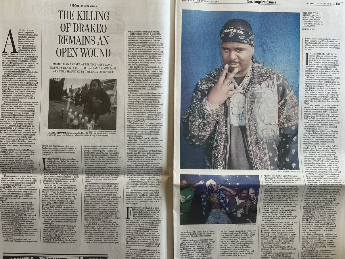 In the Sunday print LA Times.

An attempt to document these last three years mourning Drakeo's loss, his massive and ever-increasing influence, and what I believe to be a concerted effort by local law enforcement to cover up what really happened. 

latimes.com/entertainment-…