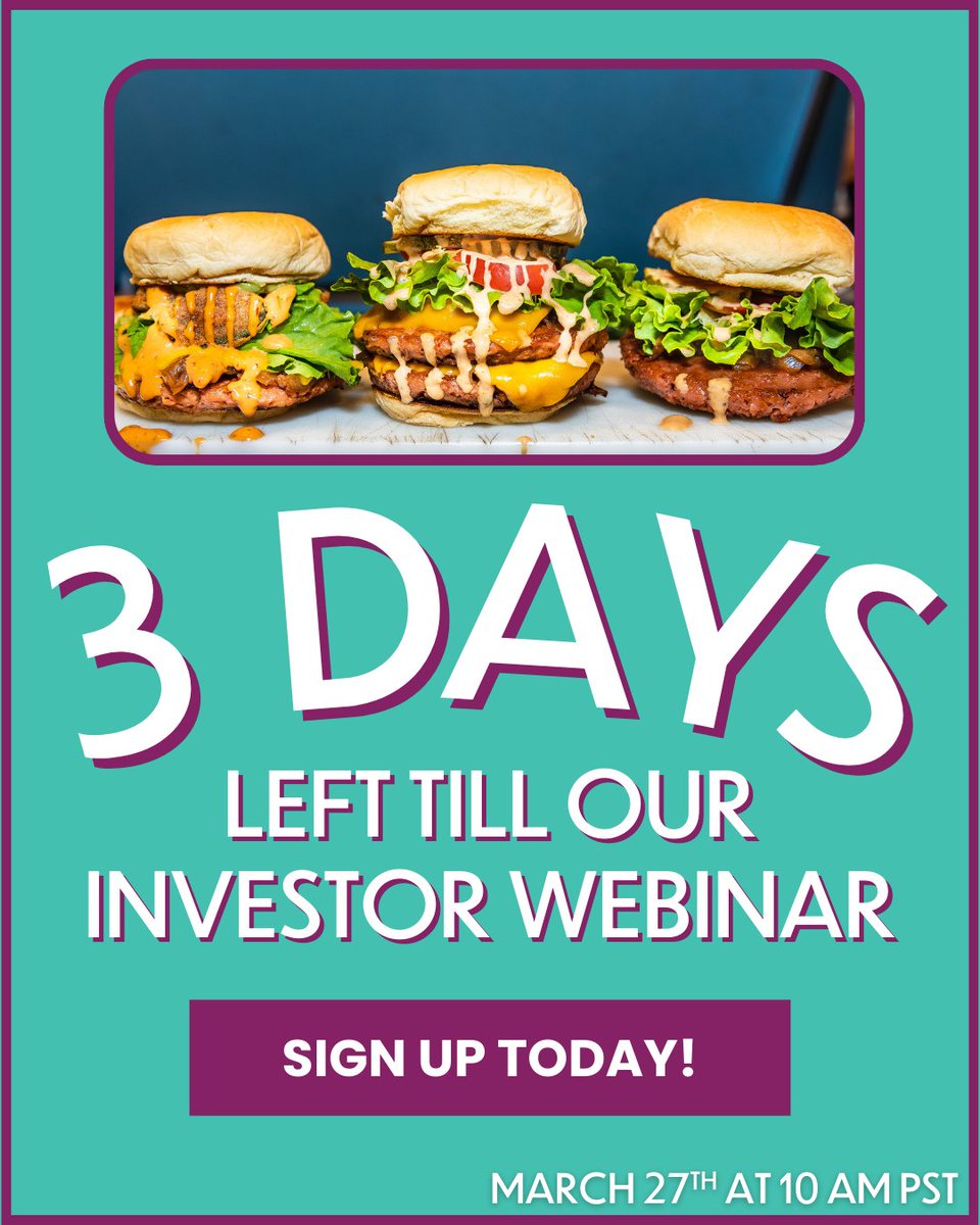 3 days to register.👇
dnagency.lpages.co/plnt-burgers-g…

This Reg CF offering is made available through StartEngine Primary, LLC. This investment is speculative, illiquid, and involves a high degree of risk, including the possible loss of your entire investment.